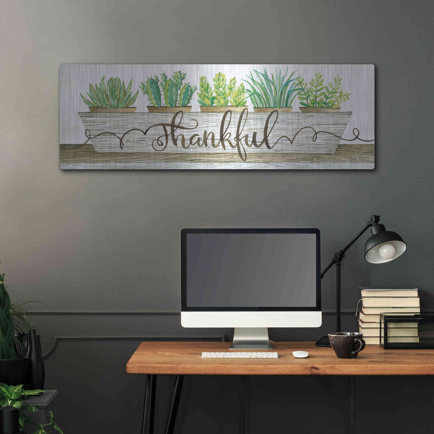 Luxe Metal Art 'Thankful Succulent Pots' by Cindy Jacobs, Metal Wall Art,48x16