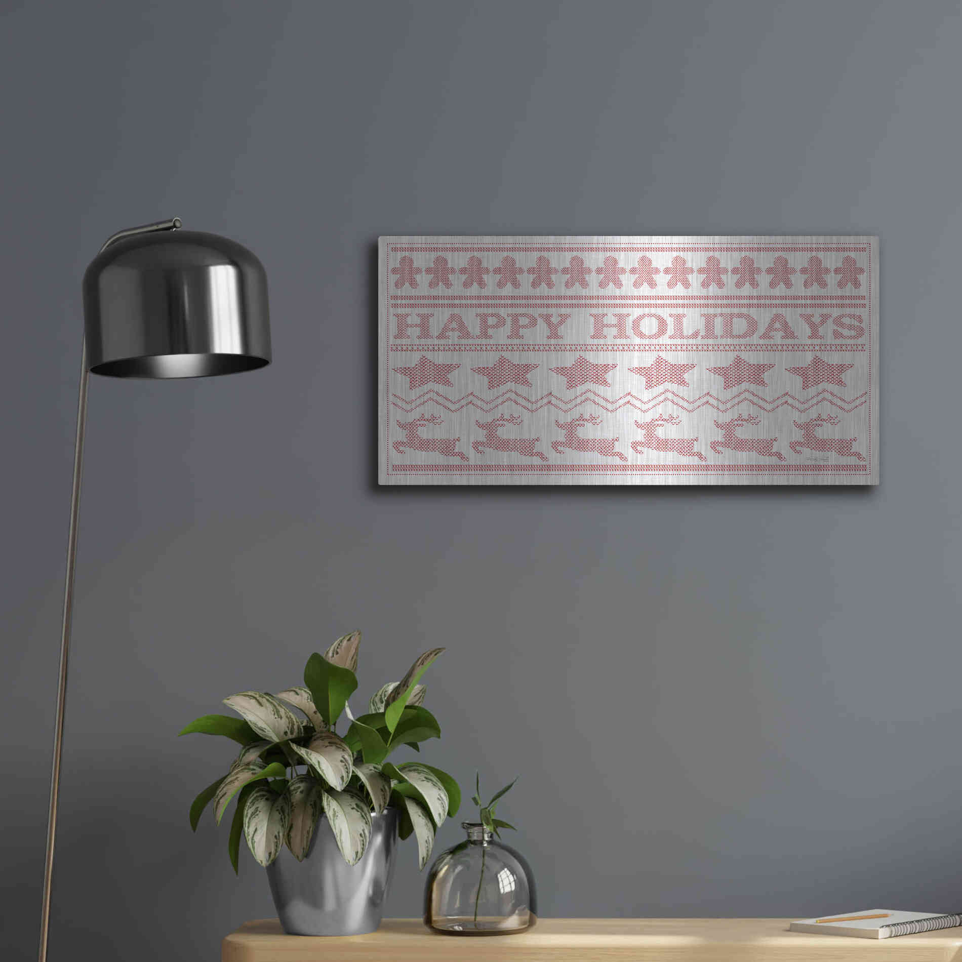 Luxe Metal Art 'Happy Holidays Stitchery' by Cindy Jacobs, Metal Wall Art,24x12