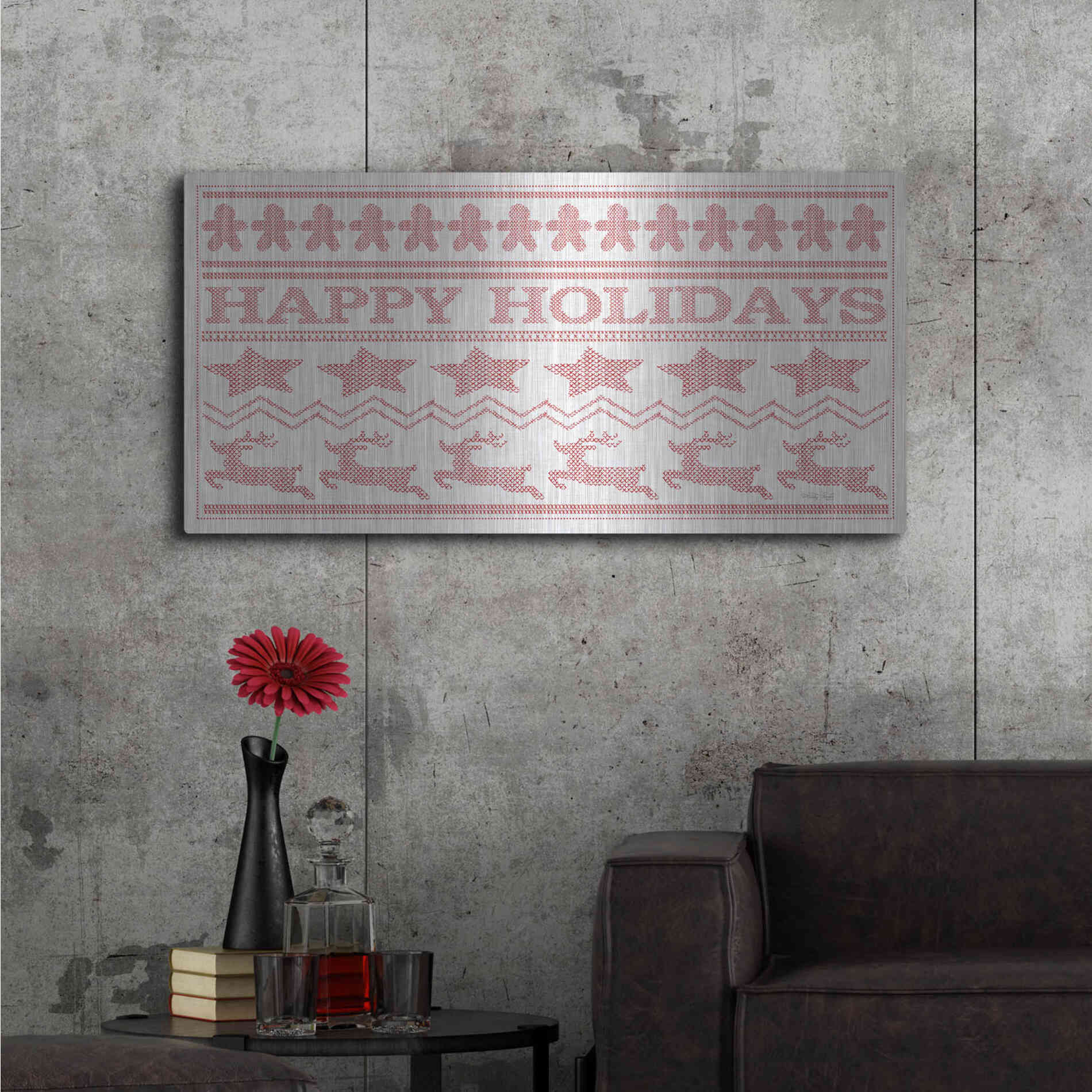 Luxe Metal Art 'Happy Holidays Stitchery' by Cindy Jacobs, Metal Wall Art,48x24