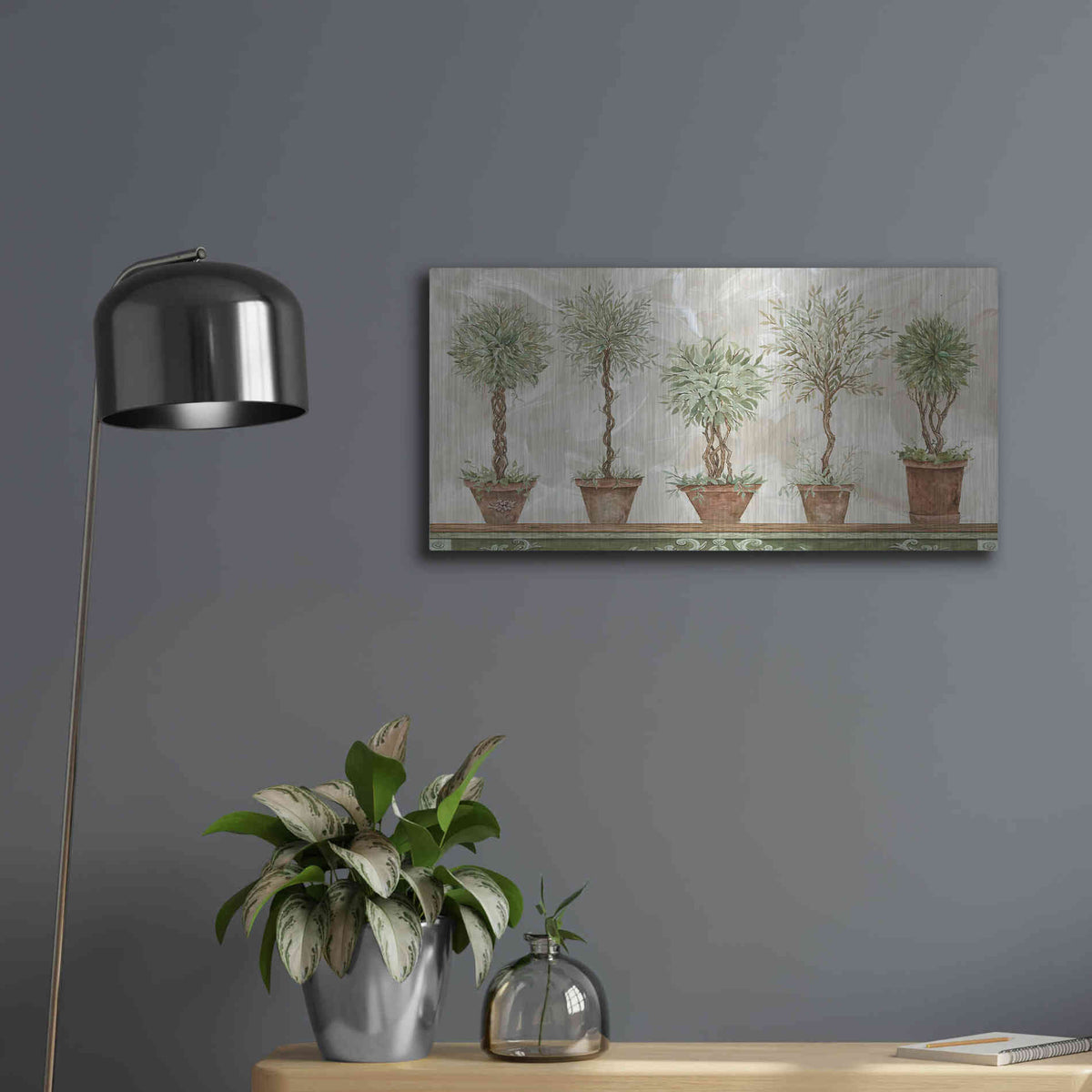 Luxe Metal Art 'Topiaries in a Row' by Cindy Jacobs, Metal Wall Art,24x12
