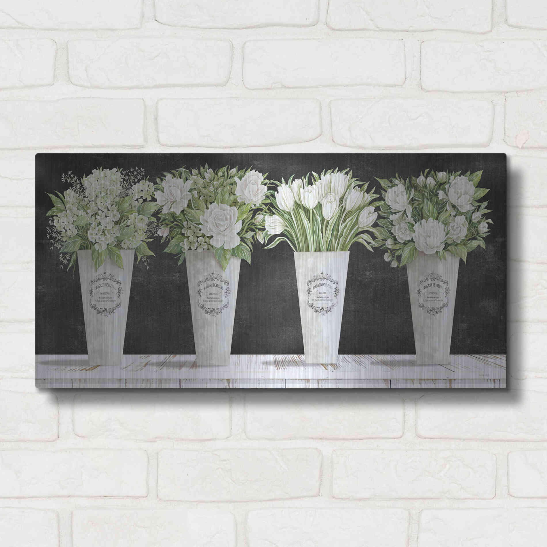 Luxe Metal Art 'White Flowers Still Life II' by Cindy Jacobs, Metal Wall Art,24x12