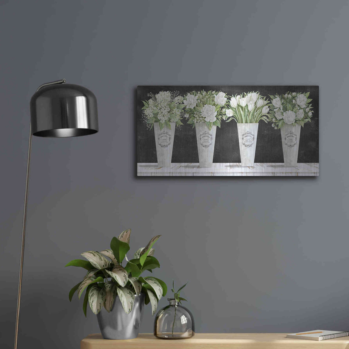 Luxe Metal Art 'White Flowers Still Life II' by Cindy Jacobs, Metal Wall Art,24x12