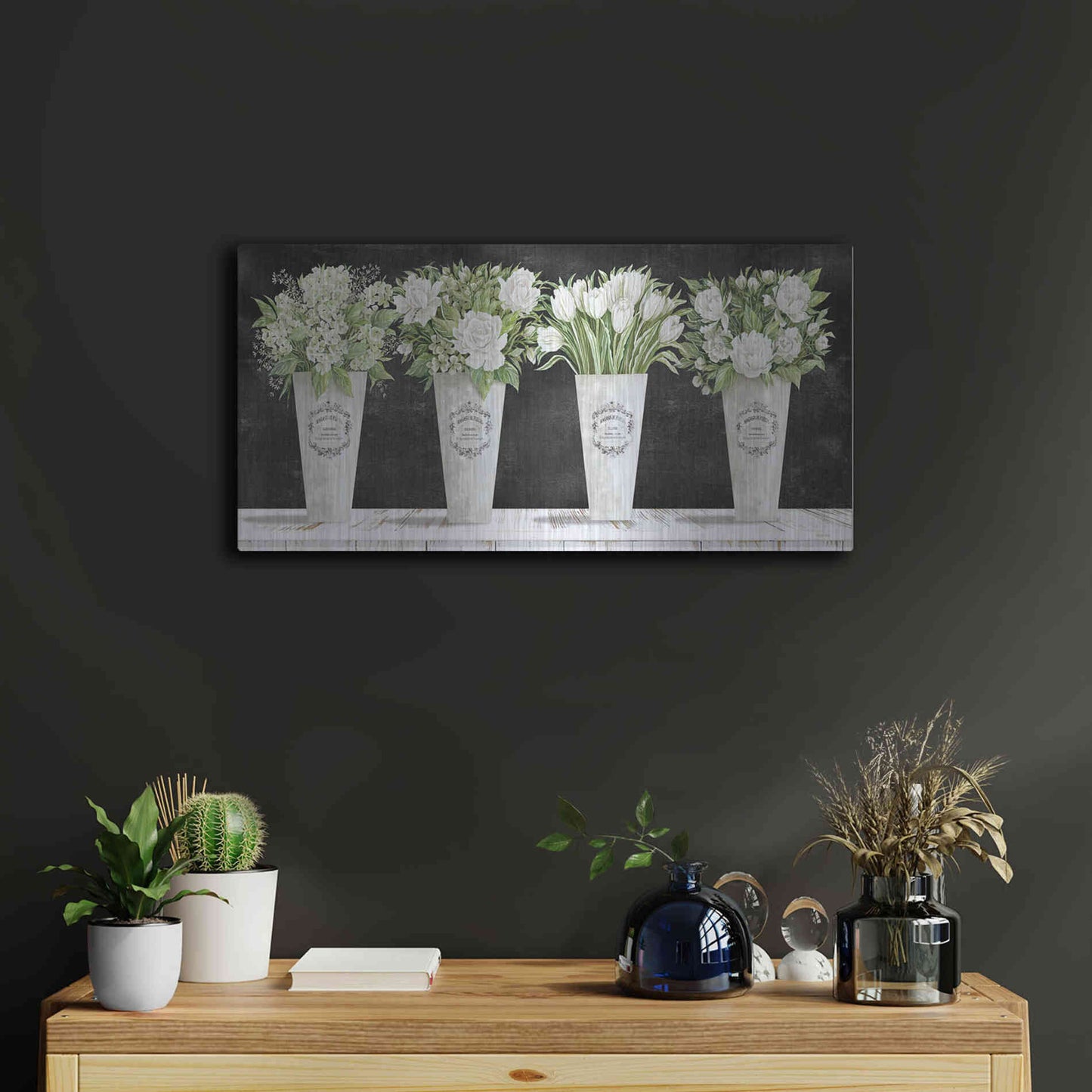 Luxe Metal Art 'White Flowers Still Life II' by Cindy Jacobs, Metal Wall Art,24x12