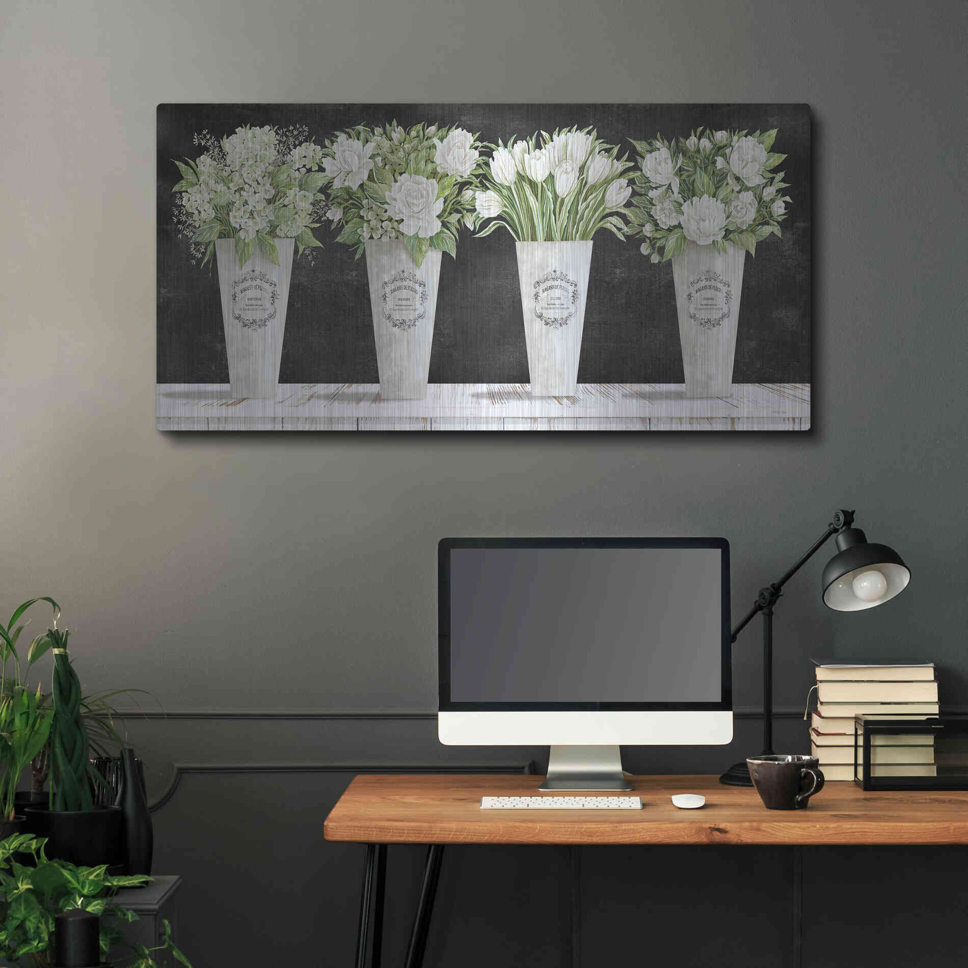 Luxe Metal Art 'White Flowers Still Life II' by Cindy Jacobs, Metal Wall Art,48x24
