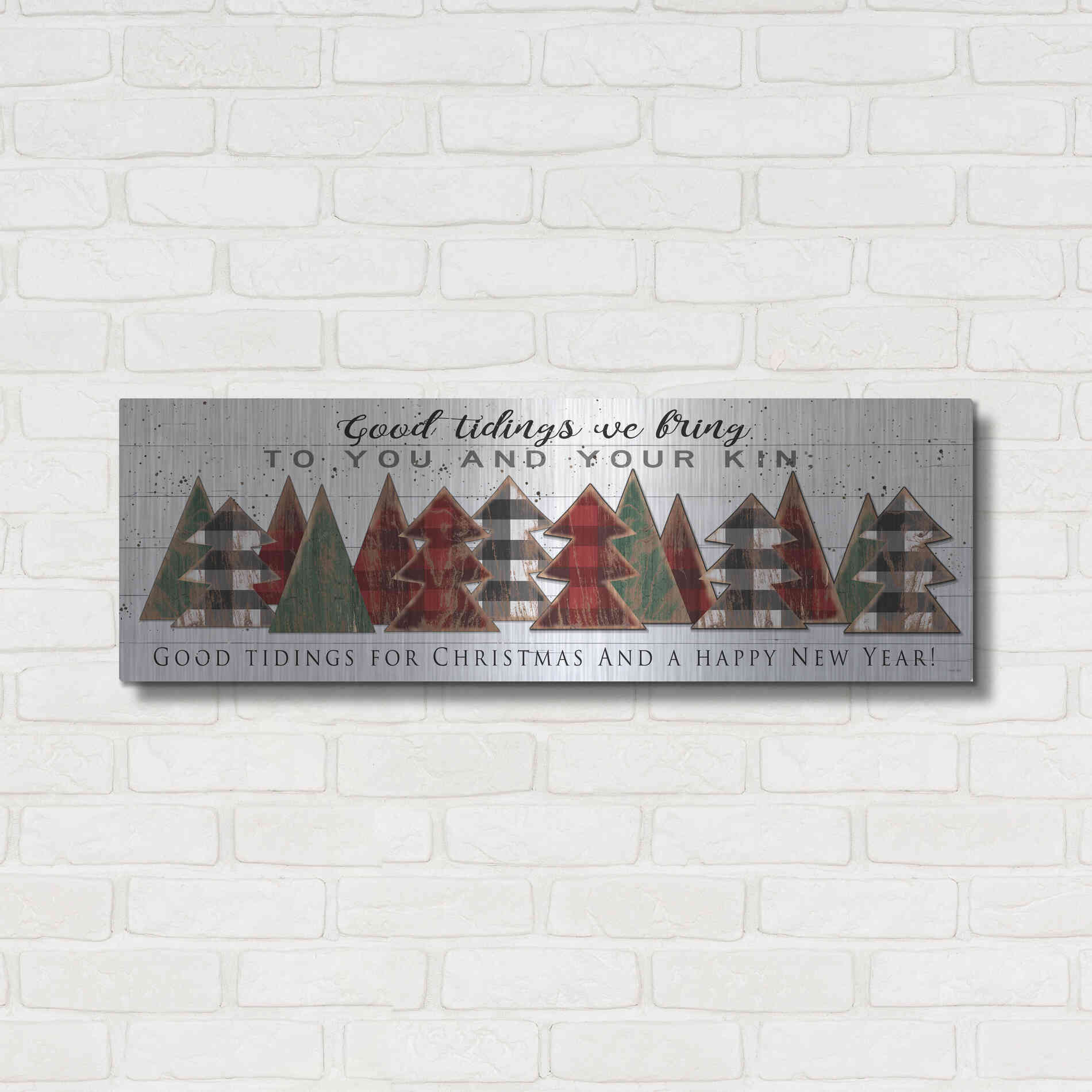 Luxe Metal Art 'Good Tidings Plaid Trees' by Cindy Jacobs, Metal Wall Art,36x12