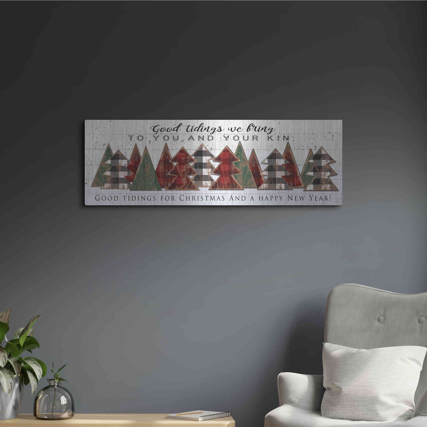 Luxe Metal Art 'Good Tidings Plaid Trees' by Cindy Jacobs, Metal Wall Art,36x12