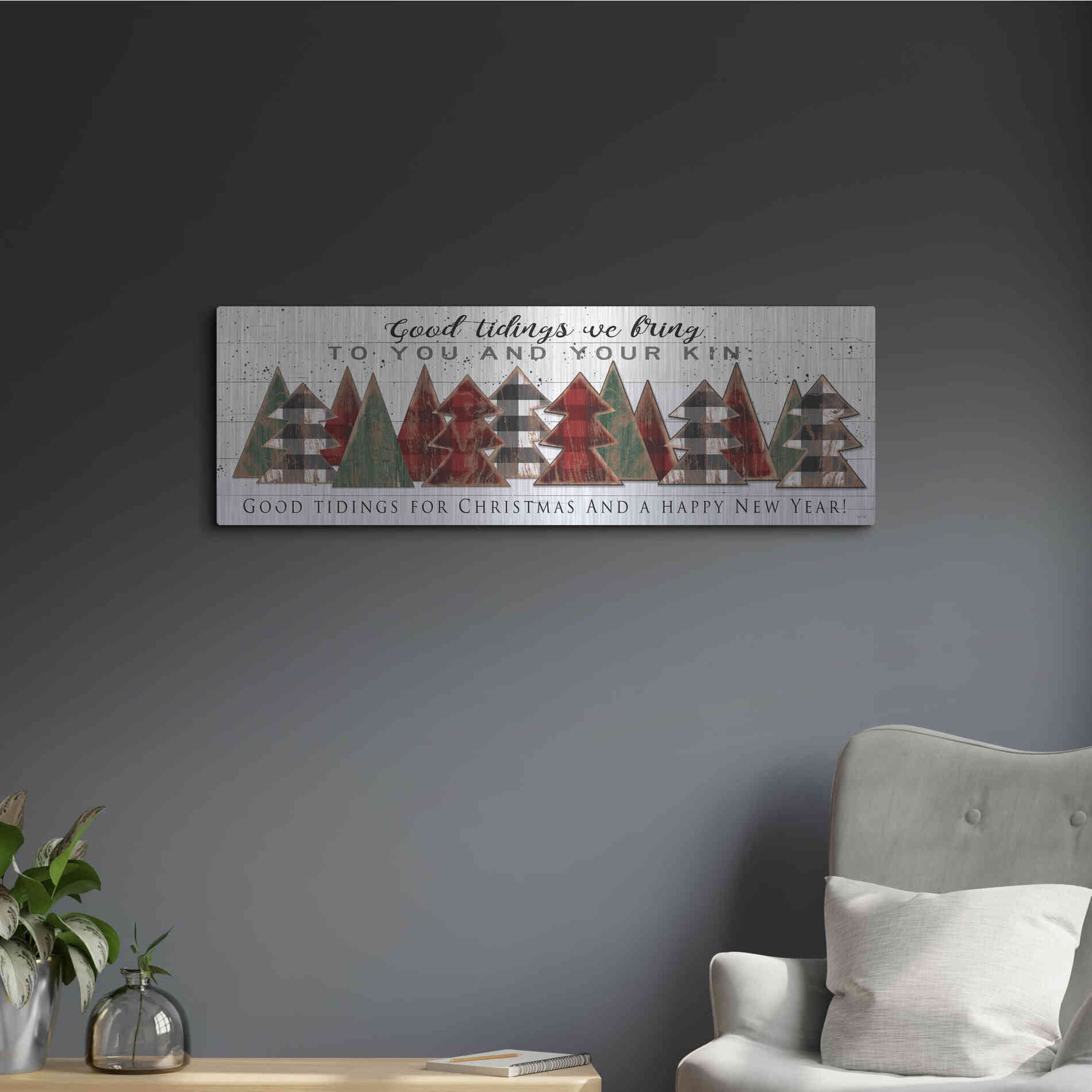 Luxe Metal Art 'Good Tidings Plaid Trees' by Cindy Jacobs, Metal Wall Art,36x12