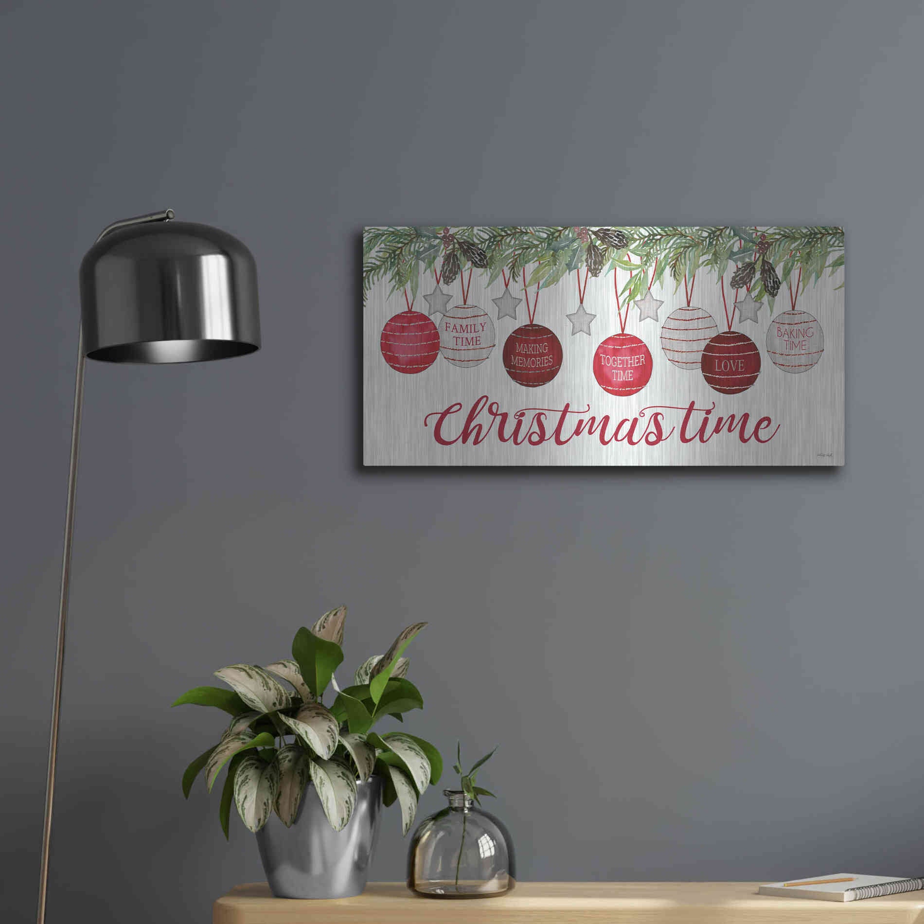 Luxe Metal Art 'Christmas Time Ornaments' by Cindy Jacobs, Metal Wall Art,24x12