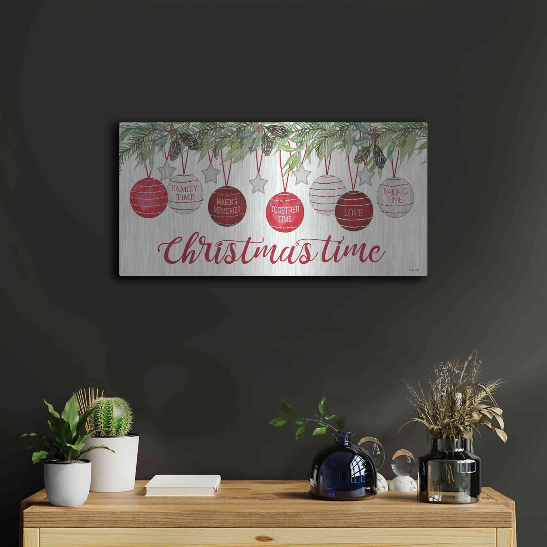 Luxe Metal Art 'Christmas Time Ornaments' by Cindy Jacobs, Metal Wall Art,24x12