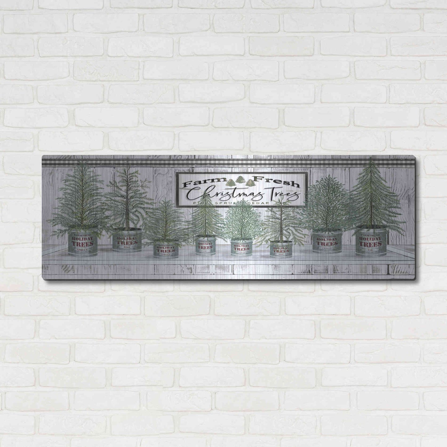Luxe Metal Art 'Galvanized Pots White Christmas Trees I' by Cindy Jacobs, Metal Wall Art,48x16