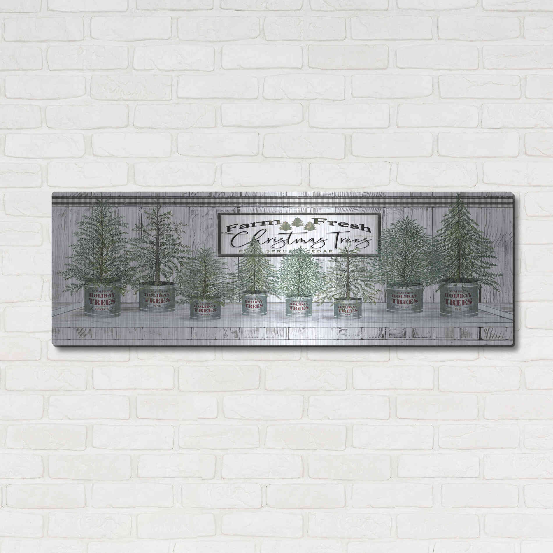 Luxe Metal Art 'Galvanized Pots White Christmas Trees I' by Cindy Jacobs, Metal Wall Art,48x16