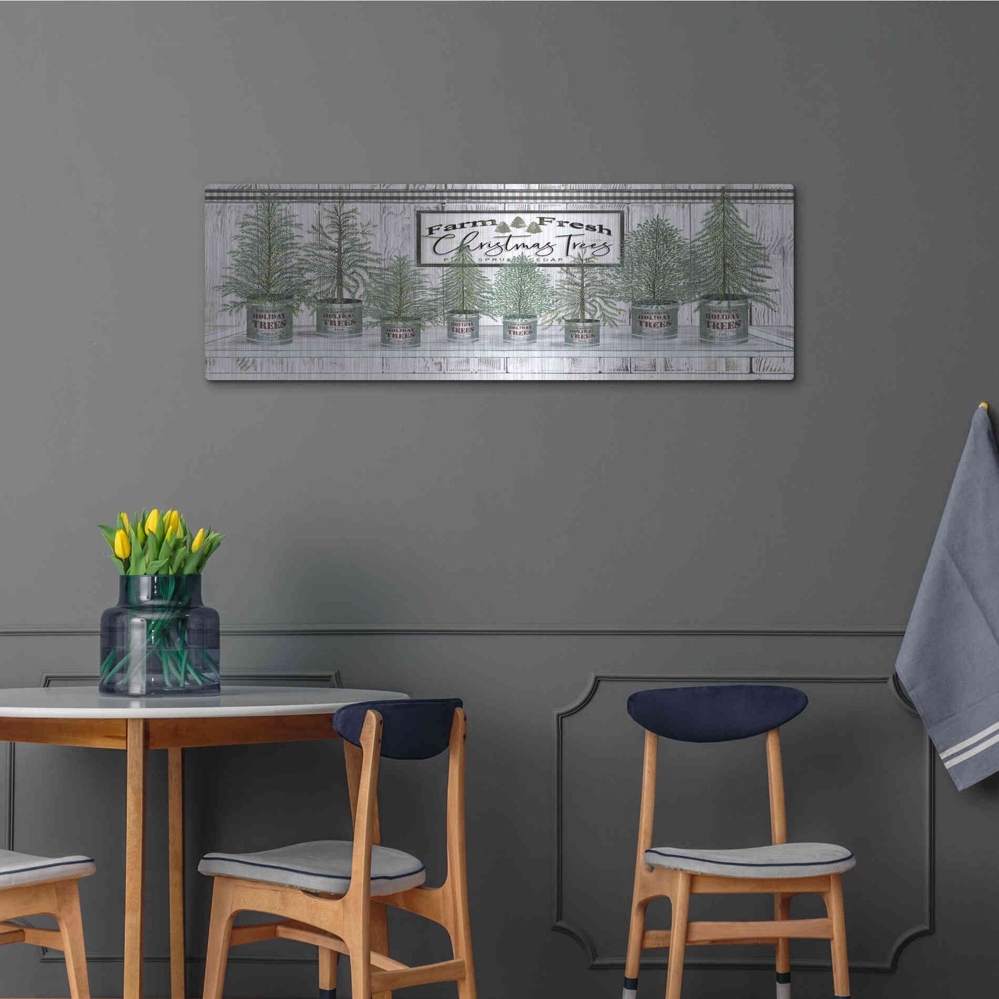 Luxe Metal Art 'Galvanized Pots White Christmas Trees I' by Cindy Jacobs, Metal Wall Art,48x16