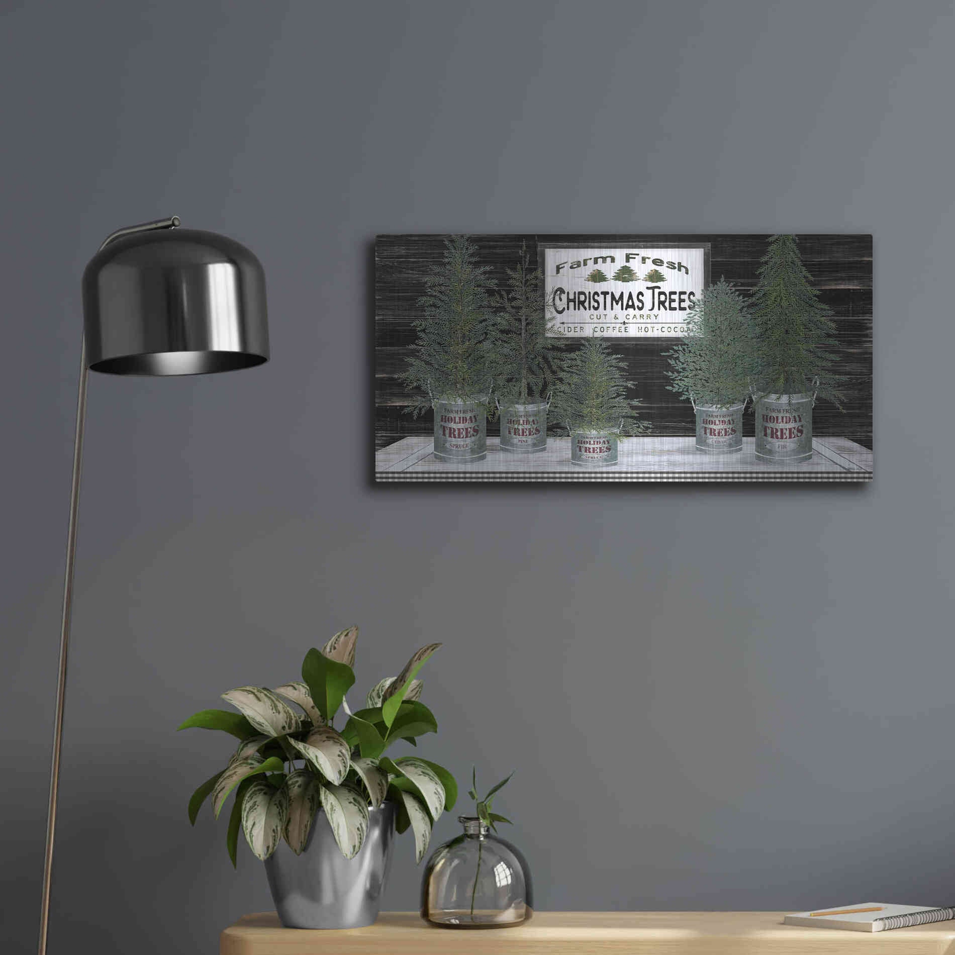 Luxe Metal Art 'Galvanized Pots Christmas Trees II' by Cindy Jacobs, Metal Wall Art,24x12