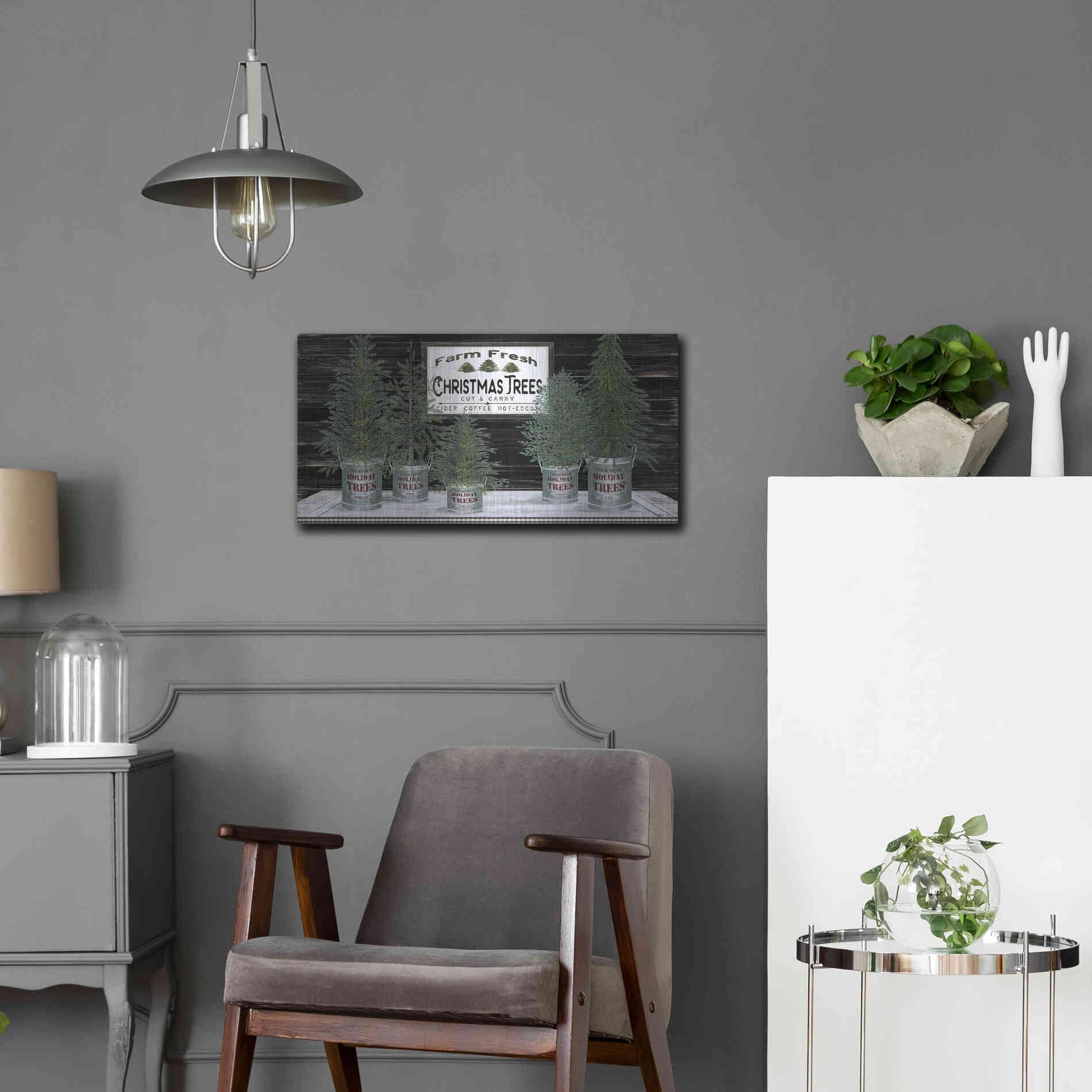 Luxe Metal Art 'Galvanized Pots Christmas Trees II' by Cindy Jacobs, Metal Wall Art,24x12