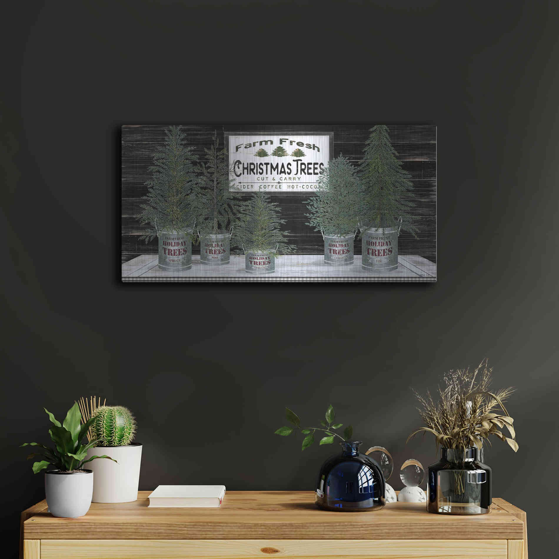 Luxe Metal Art 'Galvanized Pots Christmas Trees II' by Cindy Jacobs, Metal Wall Art,24x12