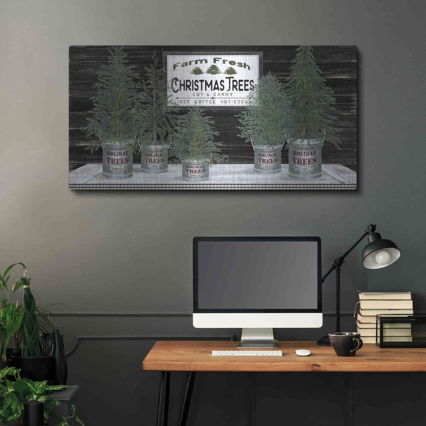 Luxe Metal Art 'Galvanized Pots Christmas Trees II' by Cindy Jacobs, Metal Wall Art,48x24