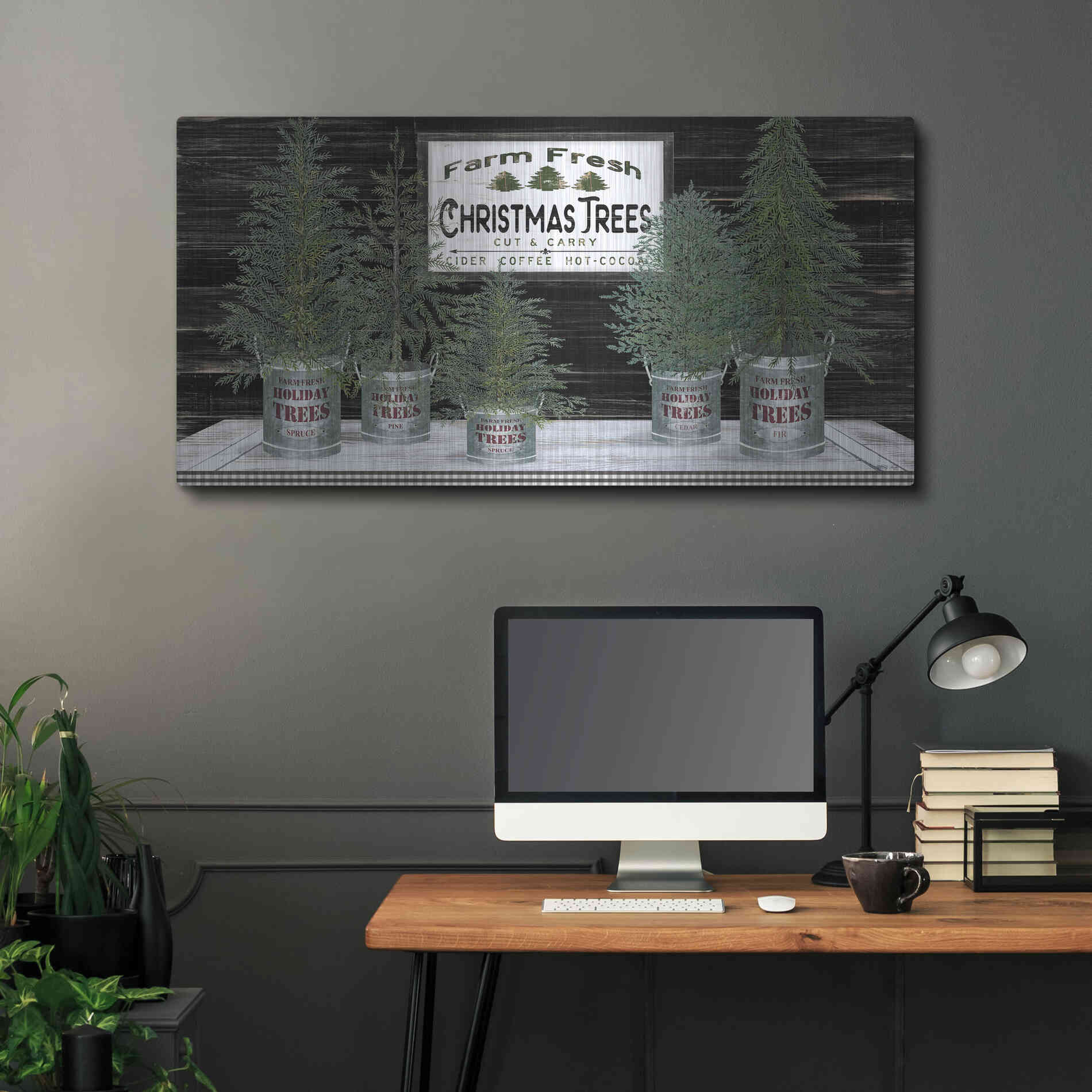 Luxe Metal Art 'Galvanized Pots Christmas Trees II' by Cindy Jacobs, Metal Wall Art,48x24