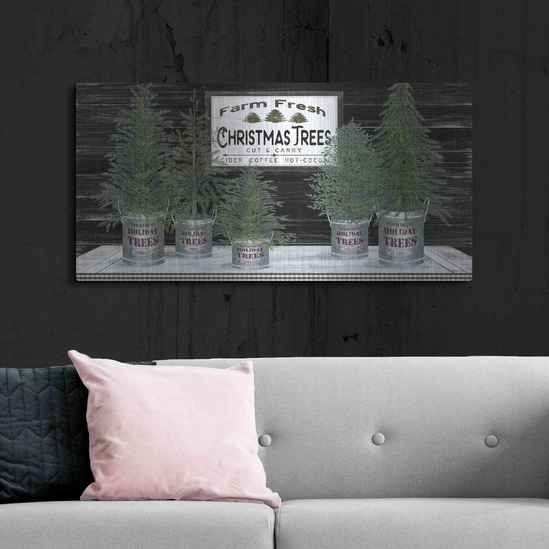 Luxe Metal Art 'Galvanized Pots Christmas Trees II' by Cindy Jacobs, Metal Wall Art,48x24