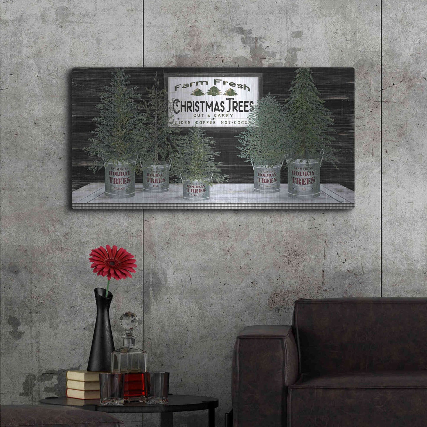 Luxe Metal Art 'Galvanized Pots Christmas Trees II' by Cindy Jacobs, Metal Wall Art,48x24