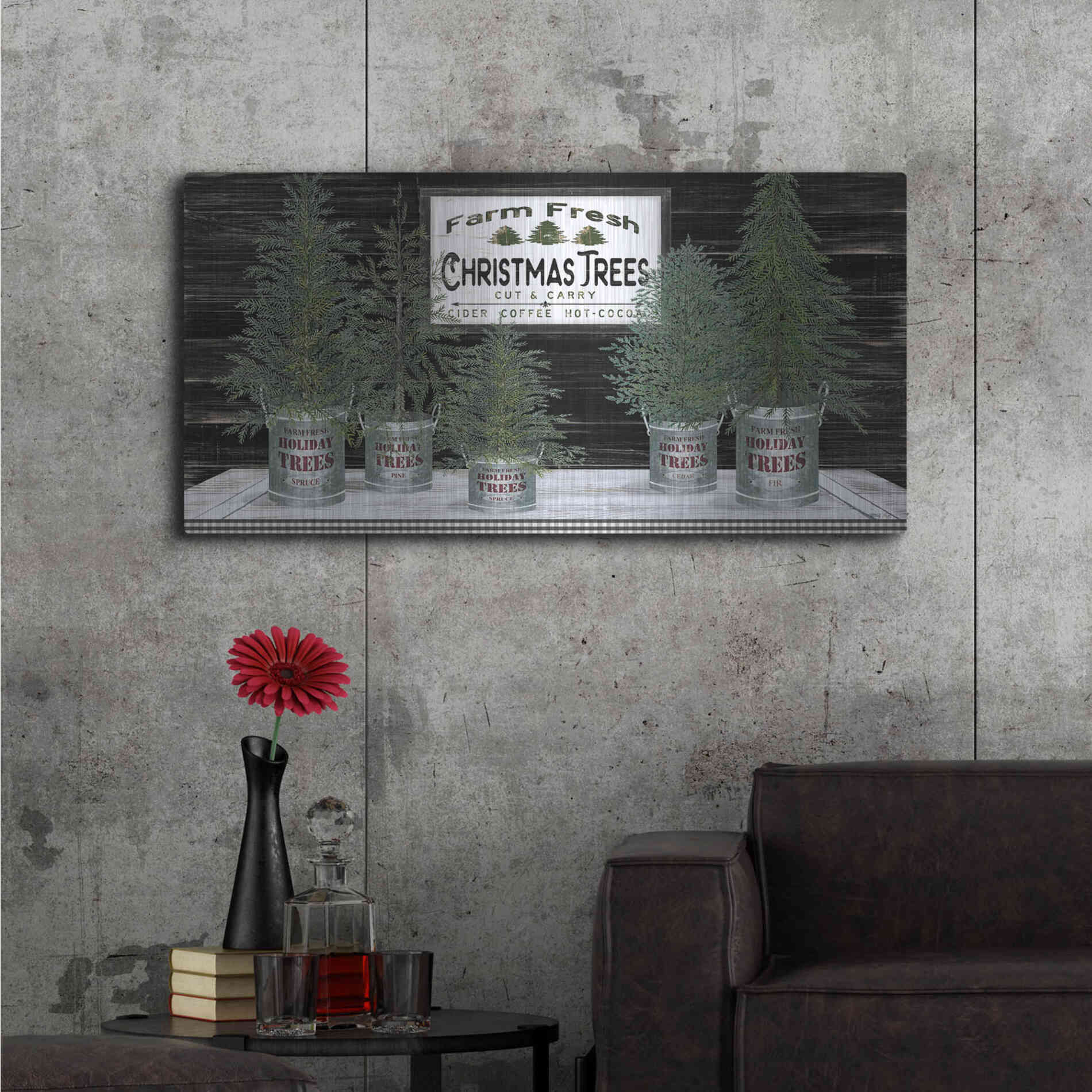 Luxe Metal Art 'Galvanized Pots Christmas Trees II' by Cindy Jacobs, Metal Wall Art,48x24