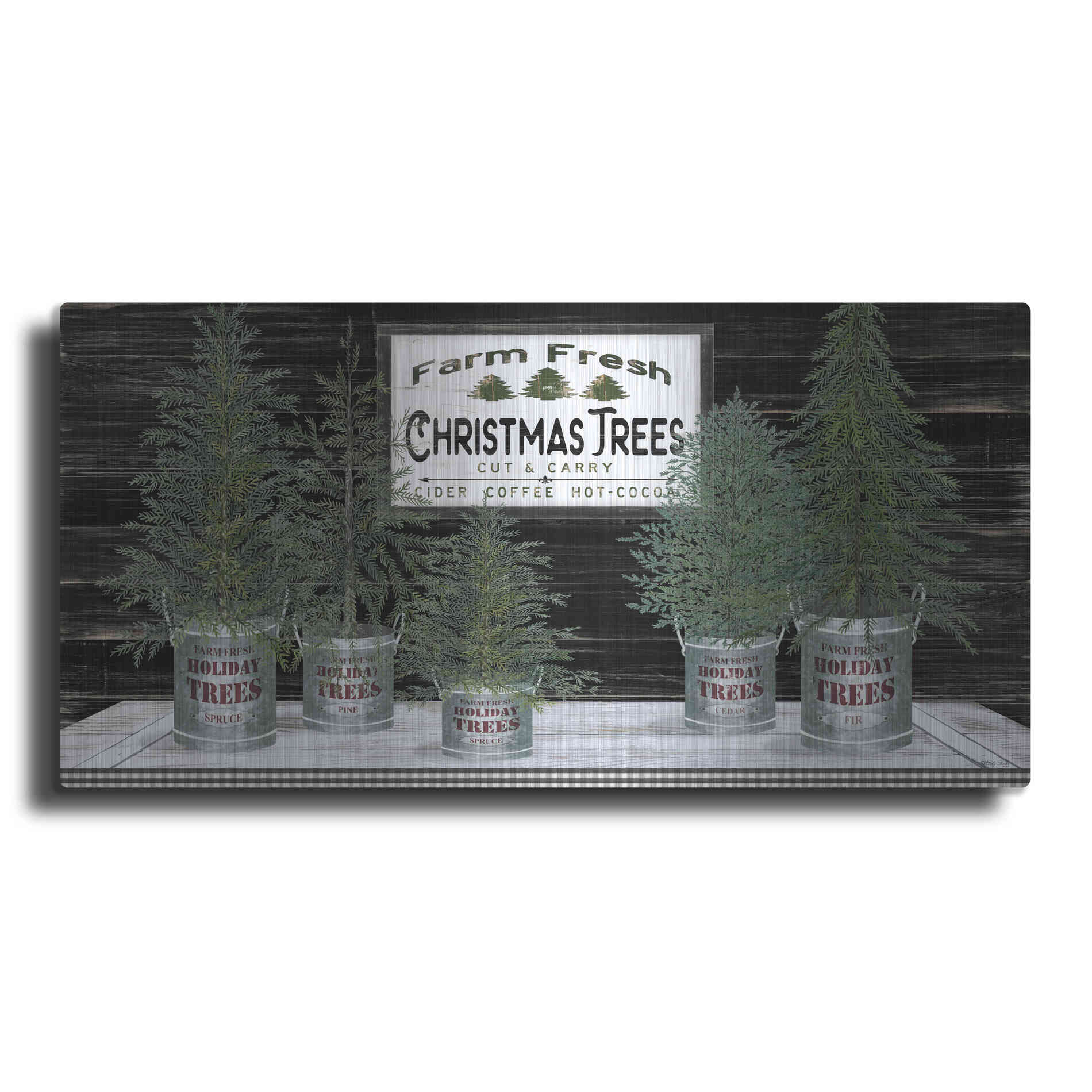 Luxe Metal Art 'Galvanized Pots Christmas Trees II' by Cindy Jacobs, Metal Wall Art