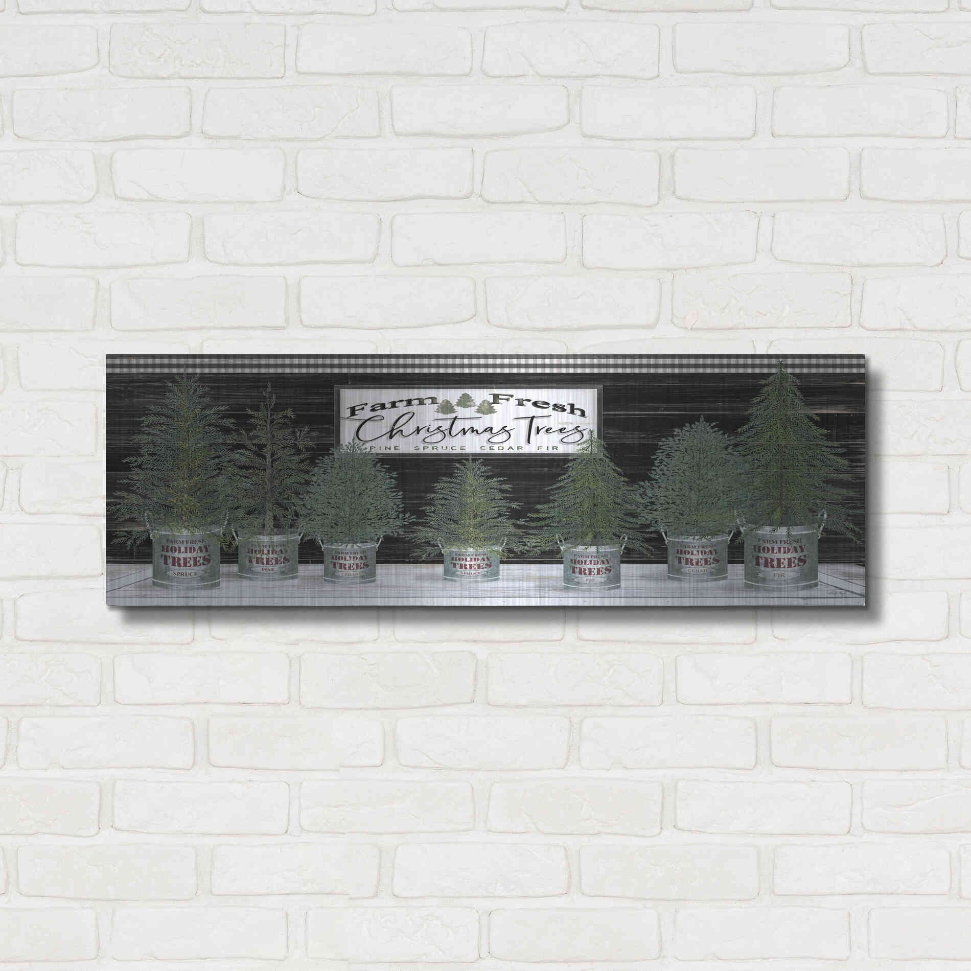 Luxe Metal Art 'Galvanized Pots Christmas Trees I' by Cindy Jacobs, Metal Wall Art,36x12