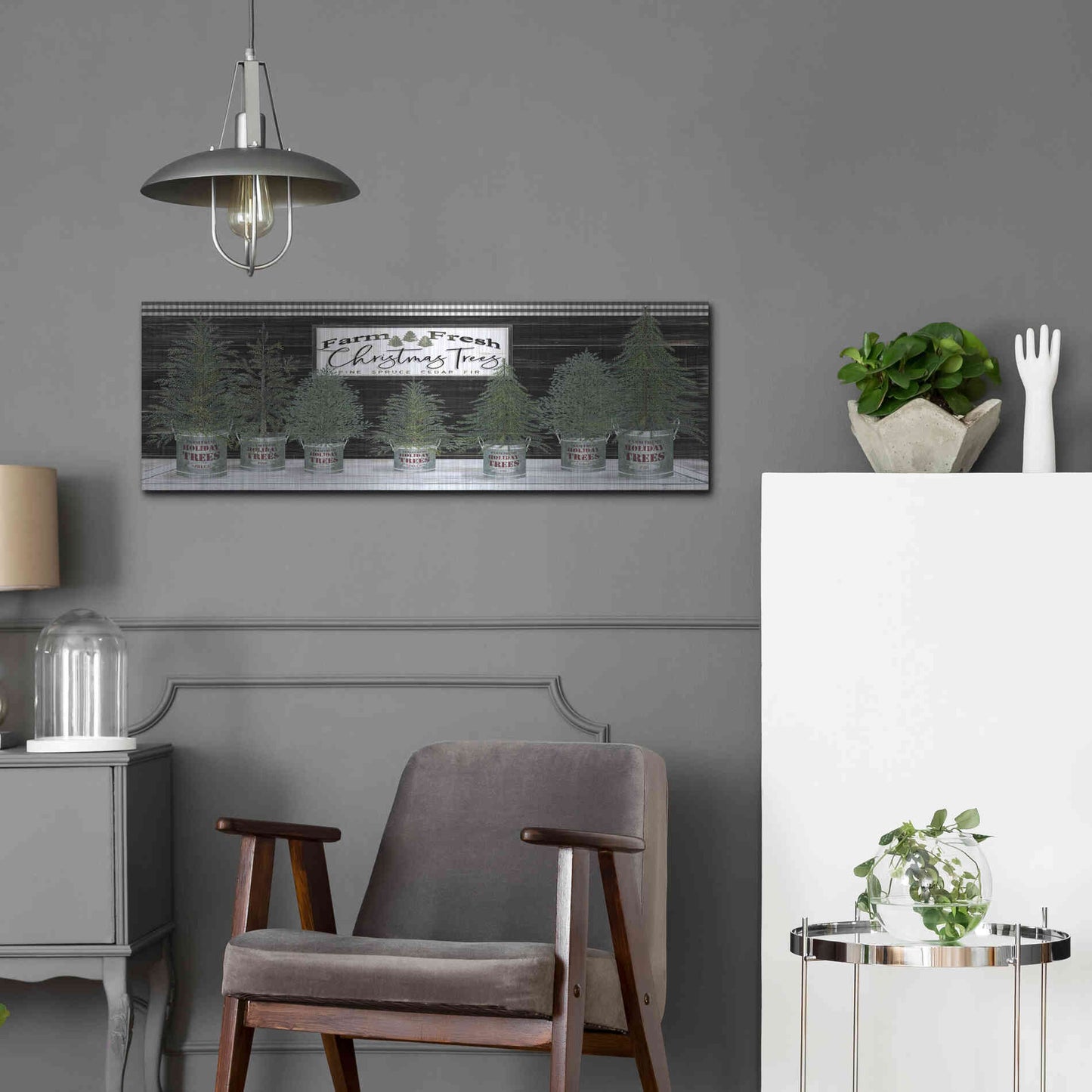 Luxe Metal Art 'Galvanized Pots Christmas Trees I' by Cindy Jacobs, Metal Wall Art,36x12