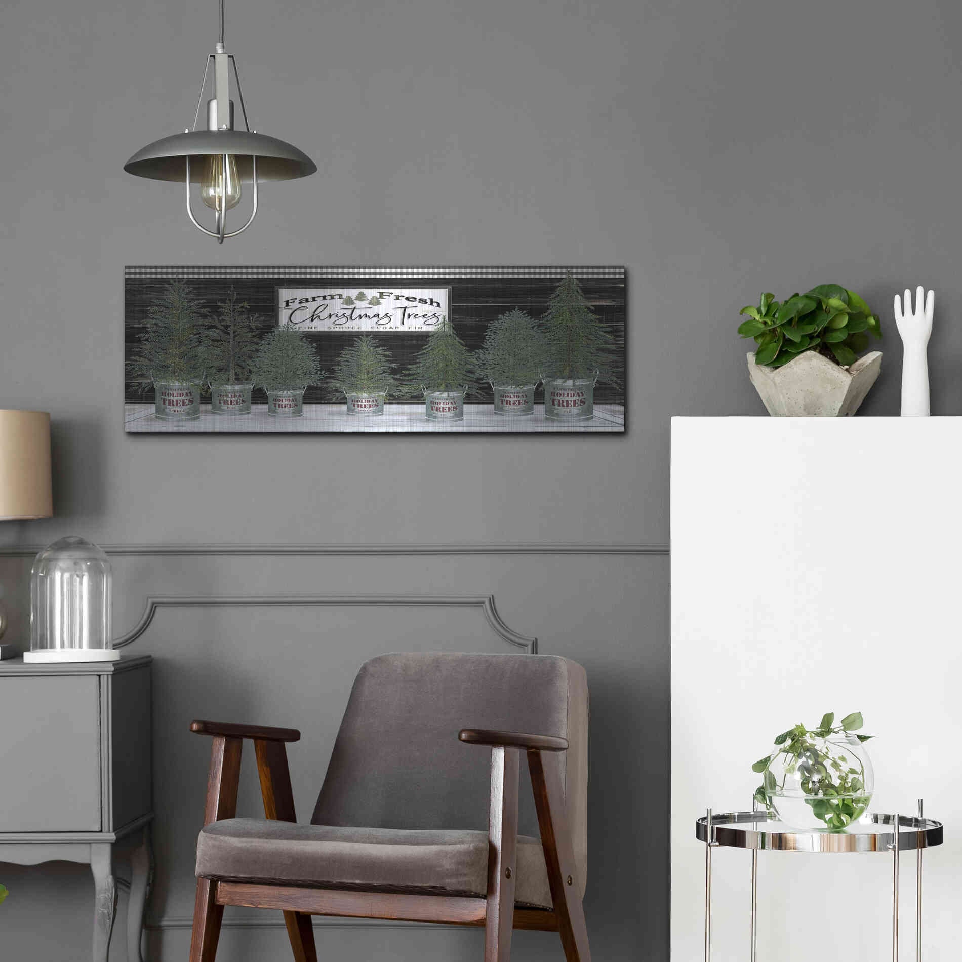 Luxe Metal Art 'Galvanized Pots Christmas Trees I' by Cindy Jacobs, Metal Wall Art,36x12