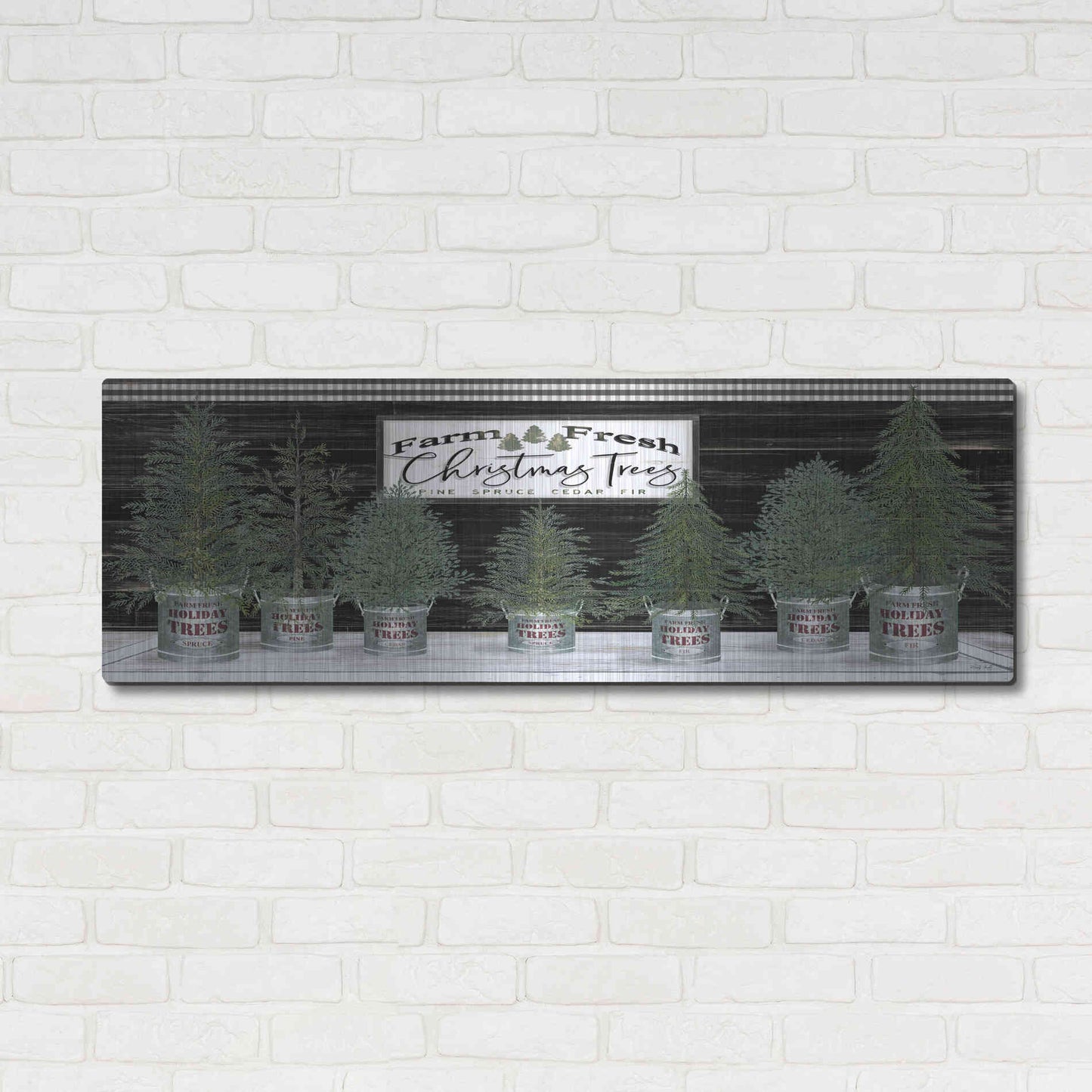 Luxe Metal Art 'Galvanized Pots Christmas Trees I' by Cindy Jacobs, Metal Wall Art,48x16