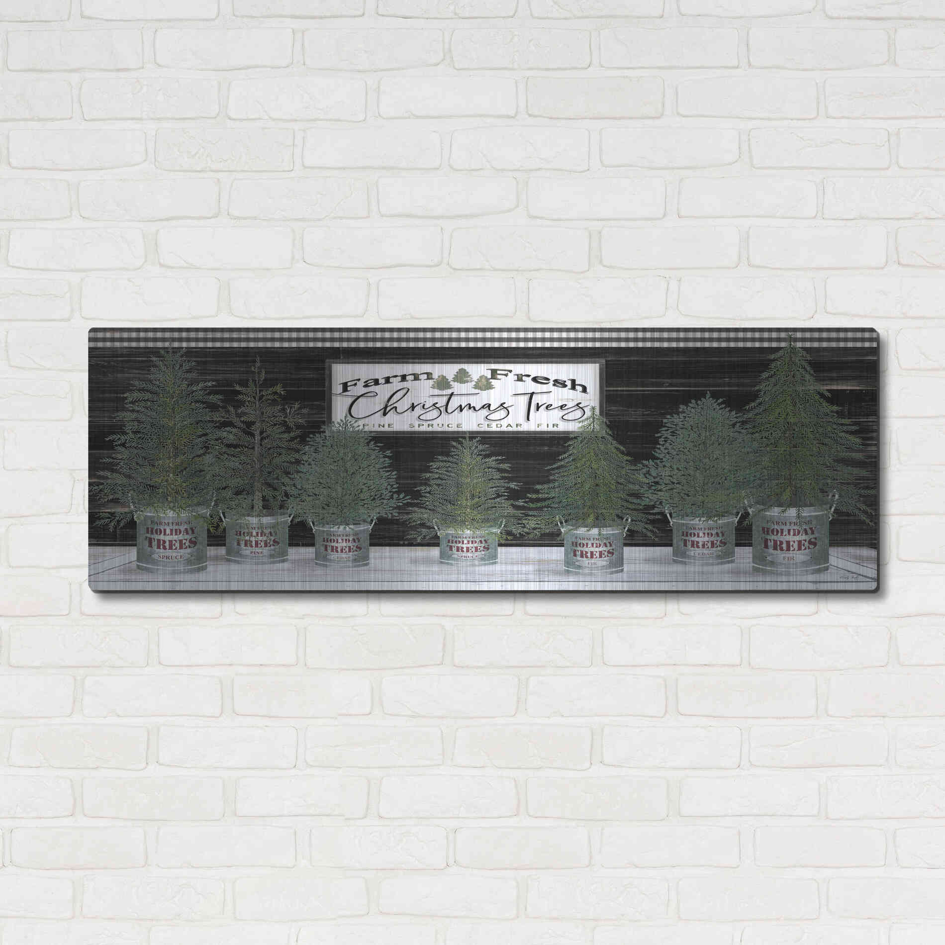 Luxe Metal Art 'Galvanized Pots Christmas Trees I' by Cindy Jacobs, Metal Wall Art,48x16