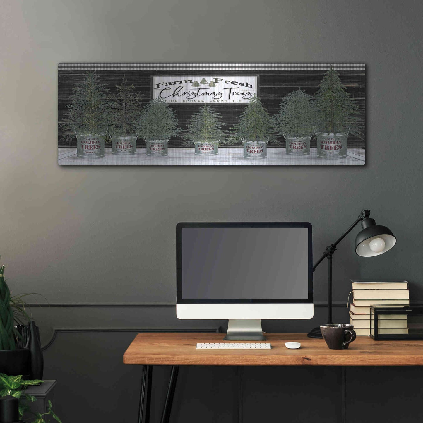 Luxe Metal Art 'Galvanized Pots Christmas Trees I' by Cindy Jacobs, Metal Wall Art,48x16