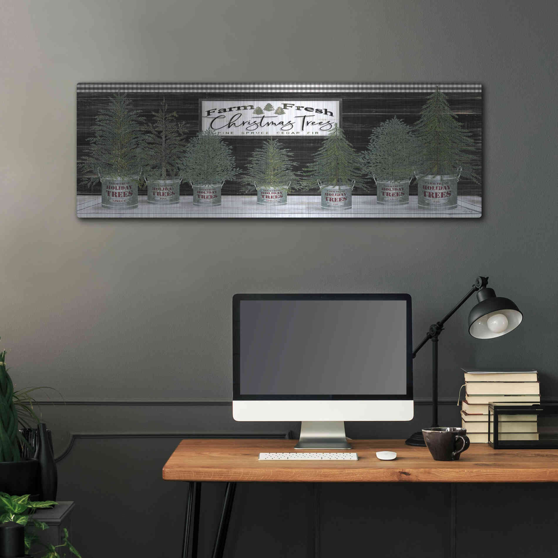 Luxe Metal Art 'Galvanized Pots Christmas Trees I' by Cindy Jacobs, Metal Wall Art,48x16