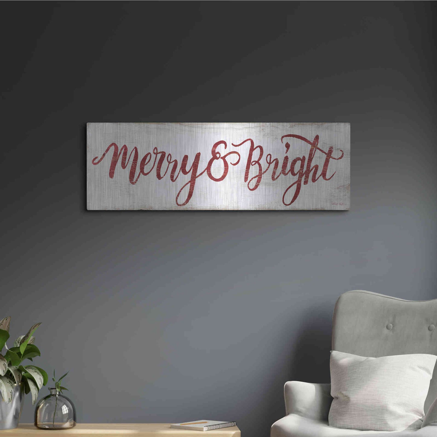 Luxe Metal Art 'Merry & Bright Cursive' by Cindy Jacobs, Metal Wall Art,36x12