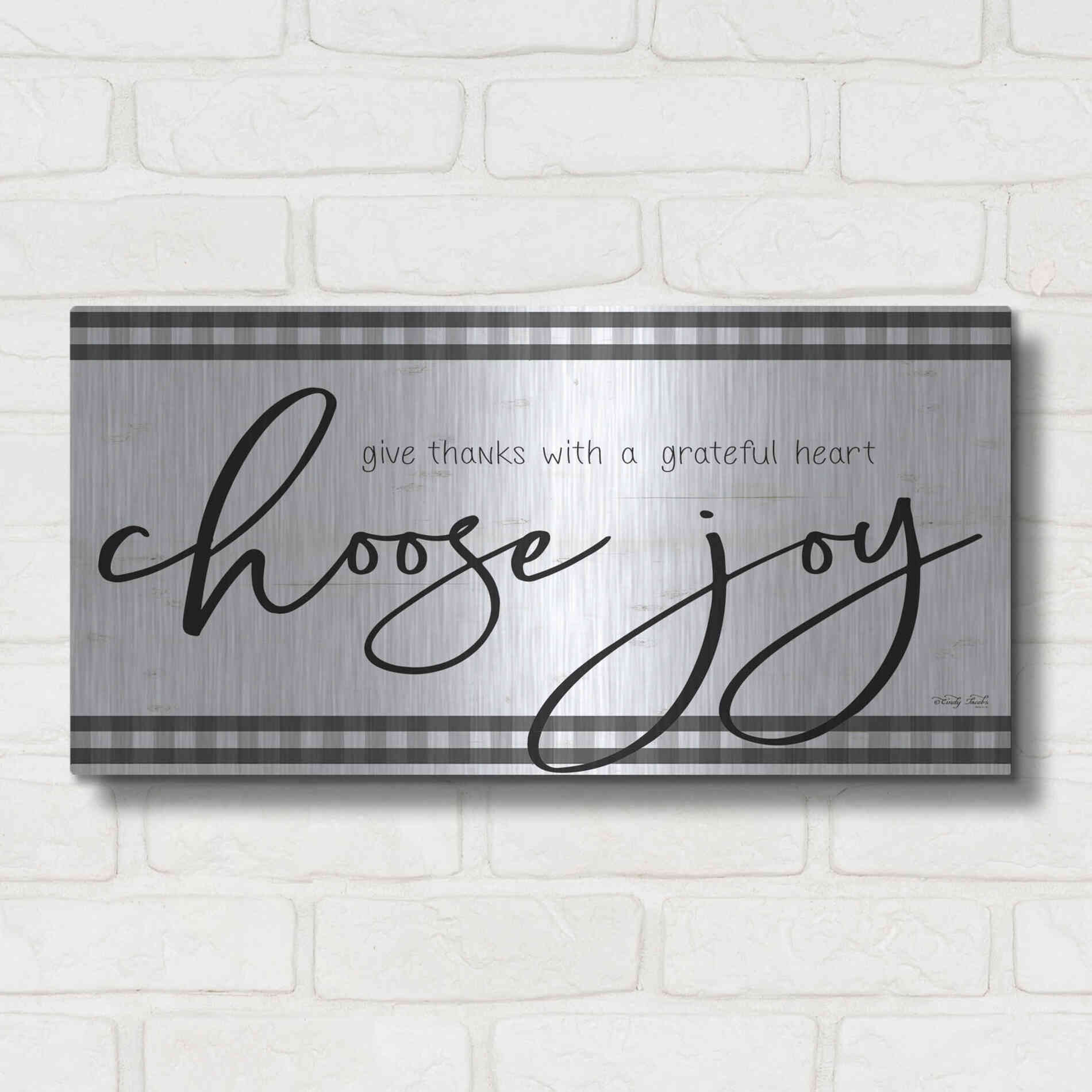 Luxe Metal Art 'Choose Joy Plaid' by Cindy Jacobs, Metal Wall Art,24x12