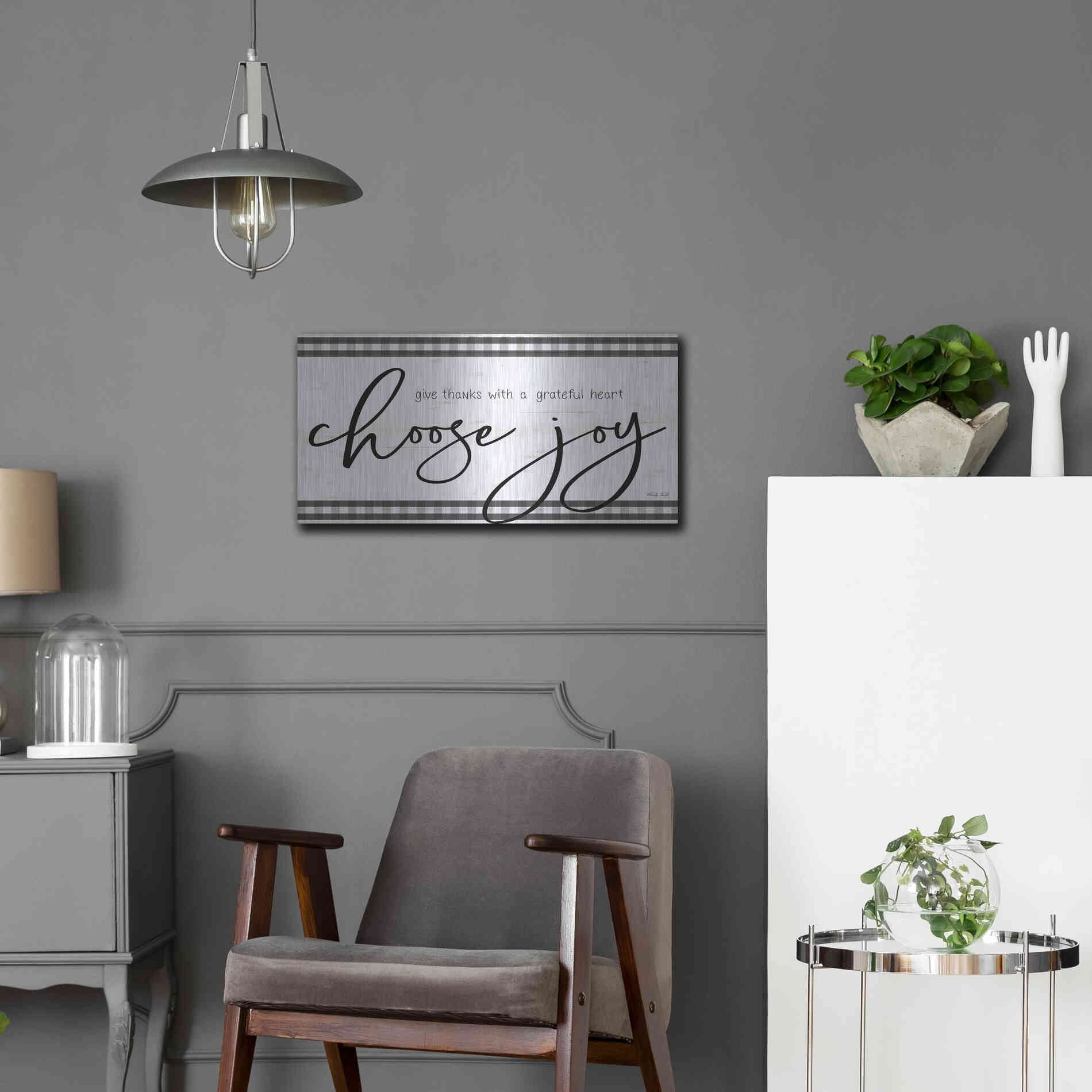 Luxe Metal Art 'Choose Joy Plaid' by Cindy Jacobs, Metal Wall Art,24x12