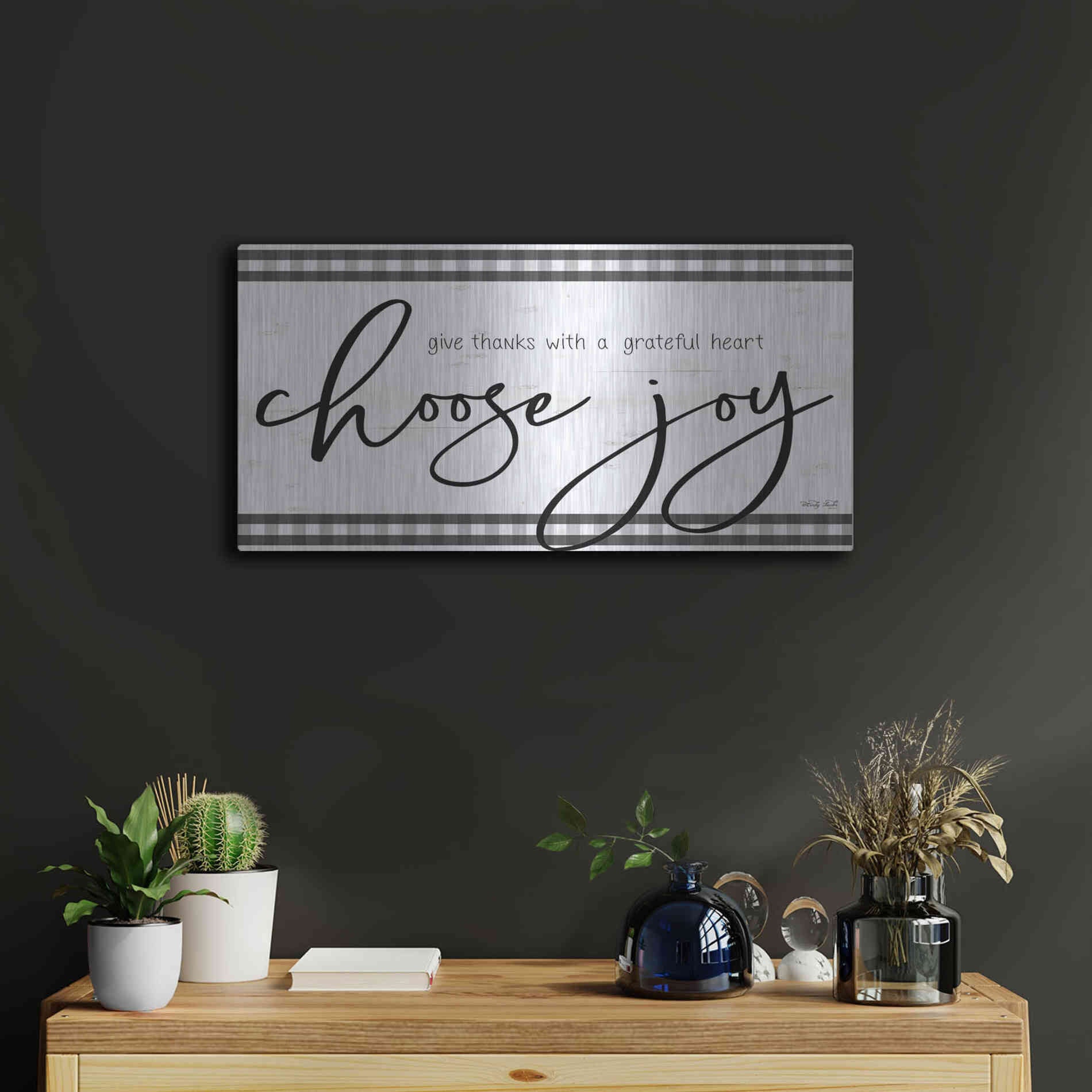 Luxe Metal Art 'Choose Joy Plaid' by Cindy Jacobs, Metal Wall Art,24x12