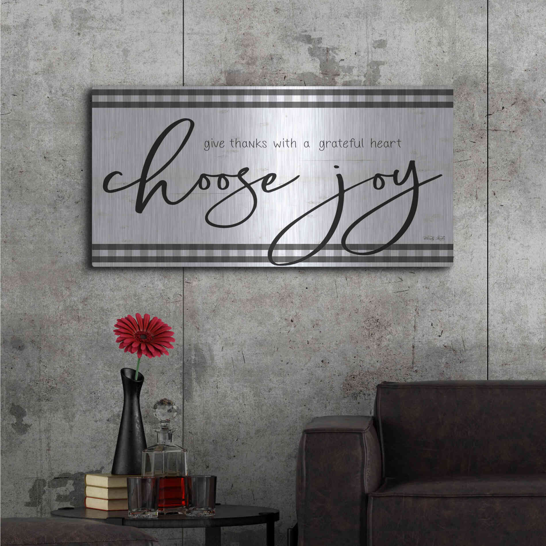 Luxe Metal Art 'Choose Joy Plaid' by Cindy Jacobs, Metal Wall Art,48x24