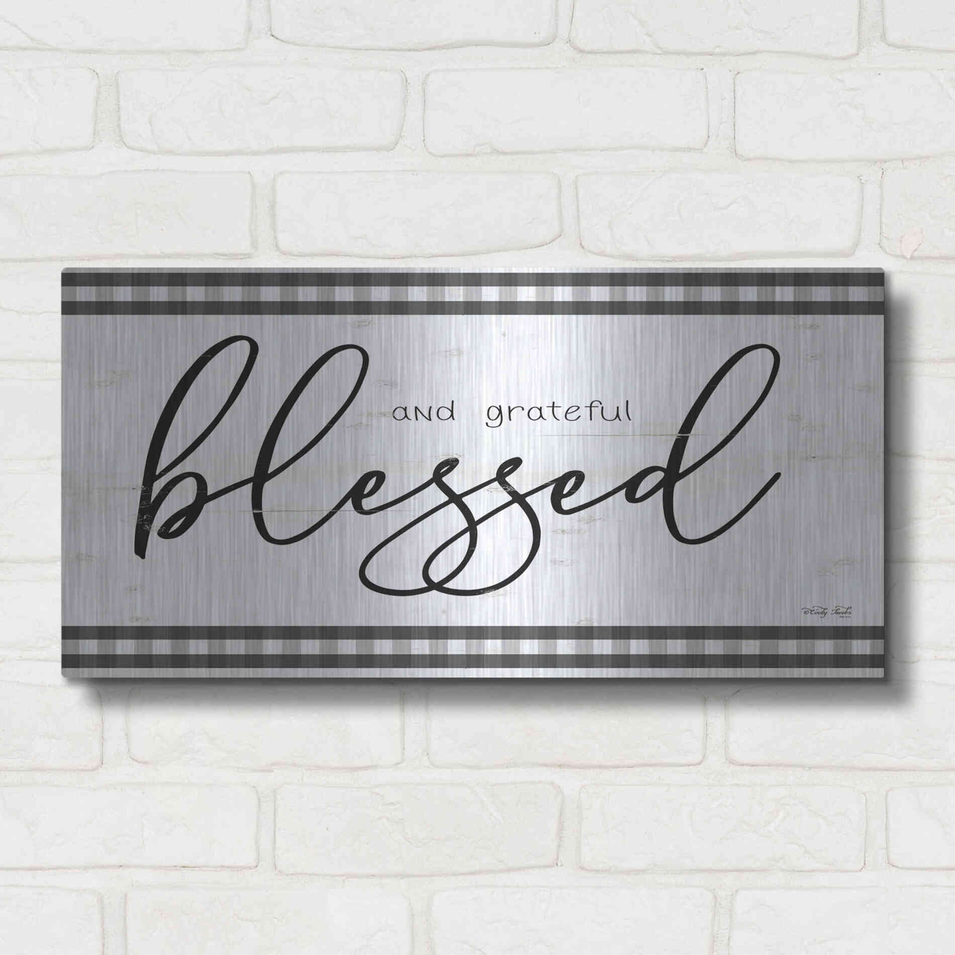 Luxe Metal Art 'Blessed and Grateful Plaid' by Cindy Jacobs, Metal Wall Art,24x12