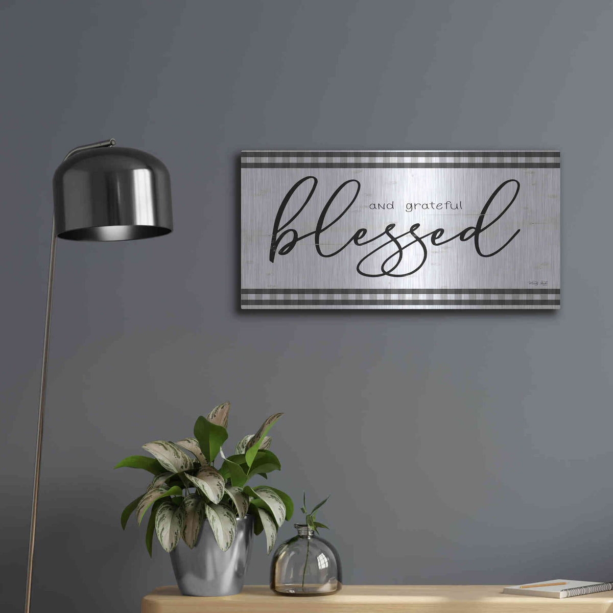 Luxe Metal Art 'Blessed and Grateful Plaid' by Cindy Jacobs, Metal Wall Art,24x12