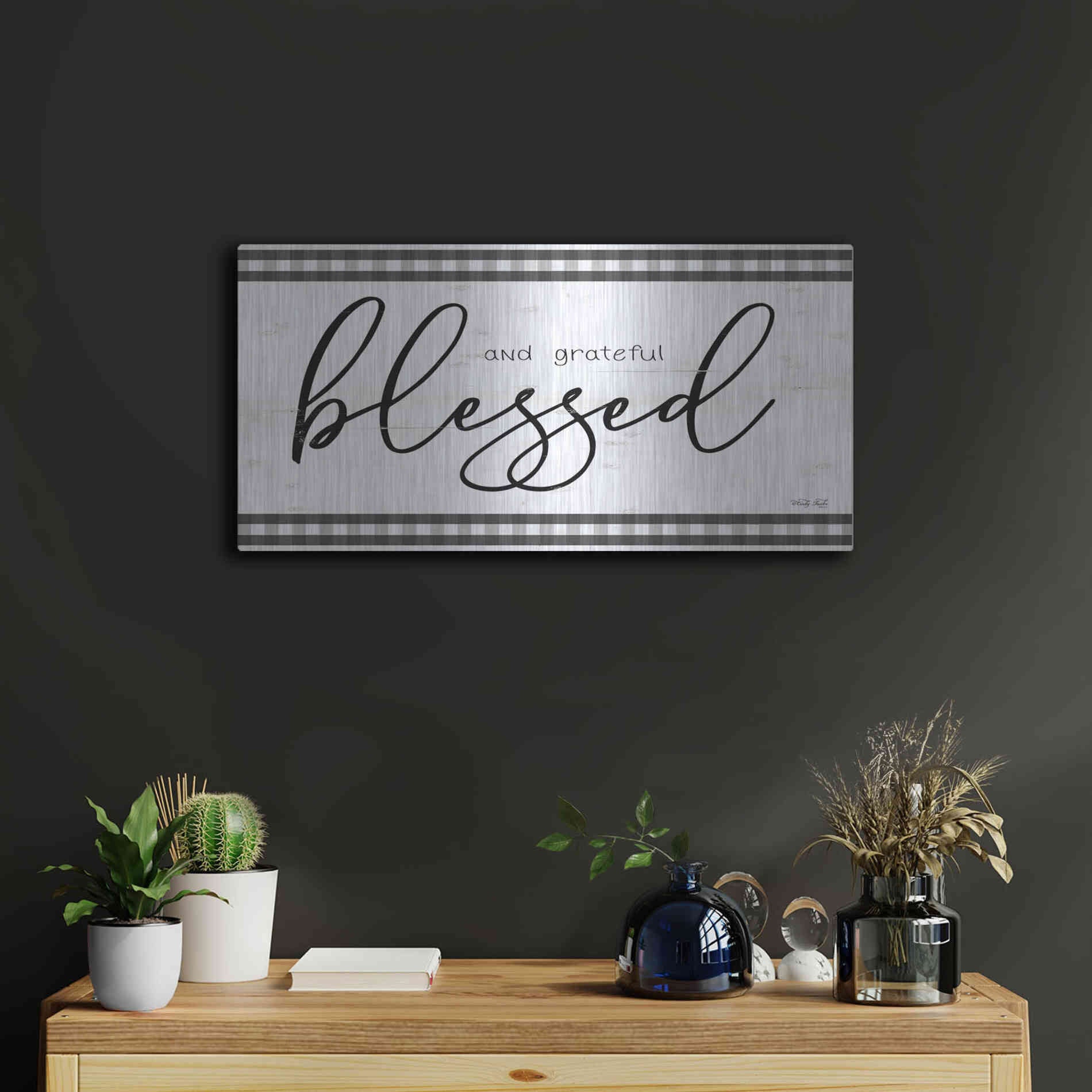 Luxe Metal Art 'Blessed and Grateful Plaid' by Cindy Jacobs, Metal Wall Art,24x12