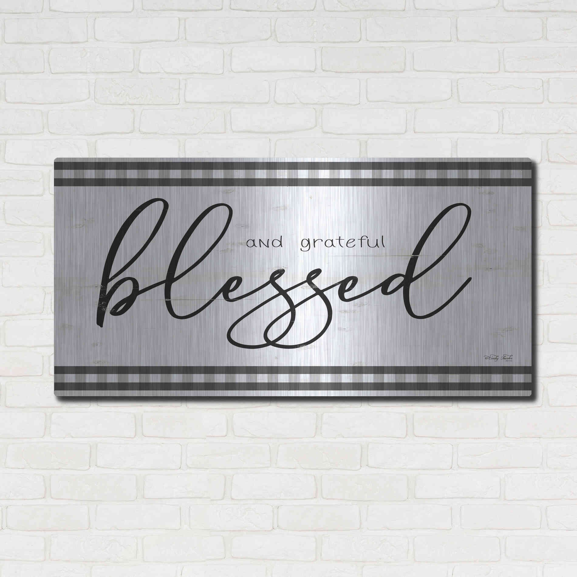 Luxe Metal Art 'Blessed and Grateful Plaid' by Cindy Jacobs, Metal Wall Art,48x24