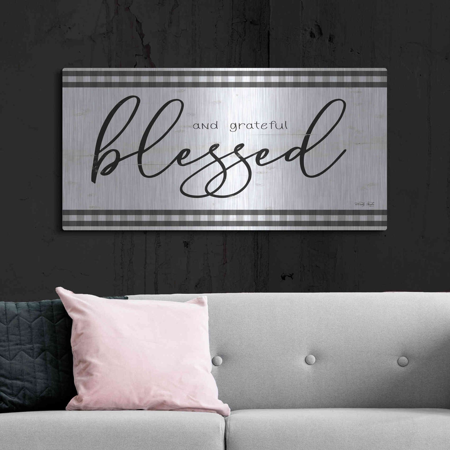 Luxe Metal Art 'Blessed and Grateful Plaid' by Cindy Jacobs, Metal Wall Art,48x24