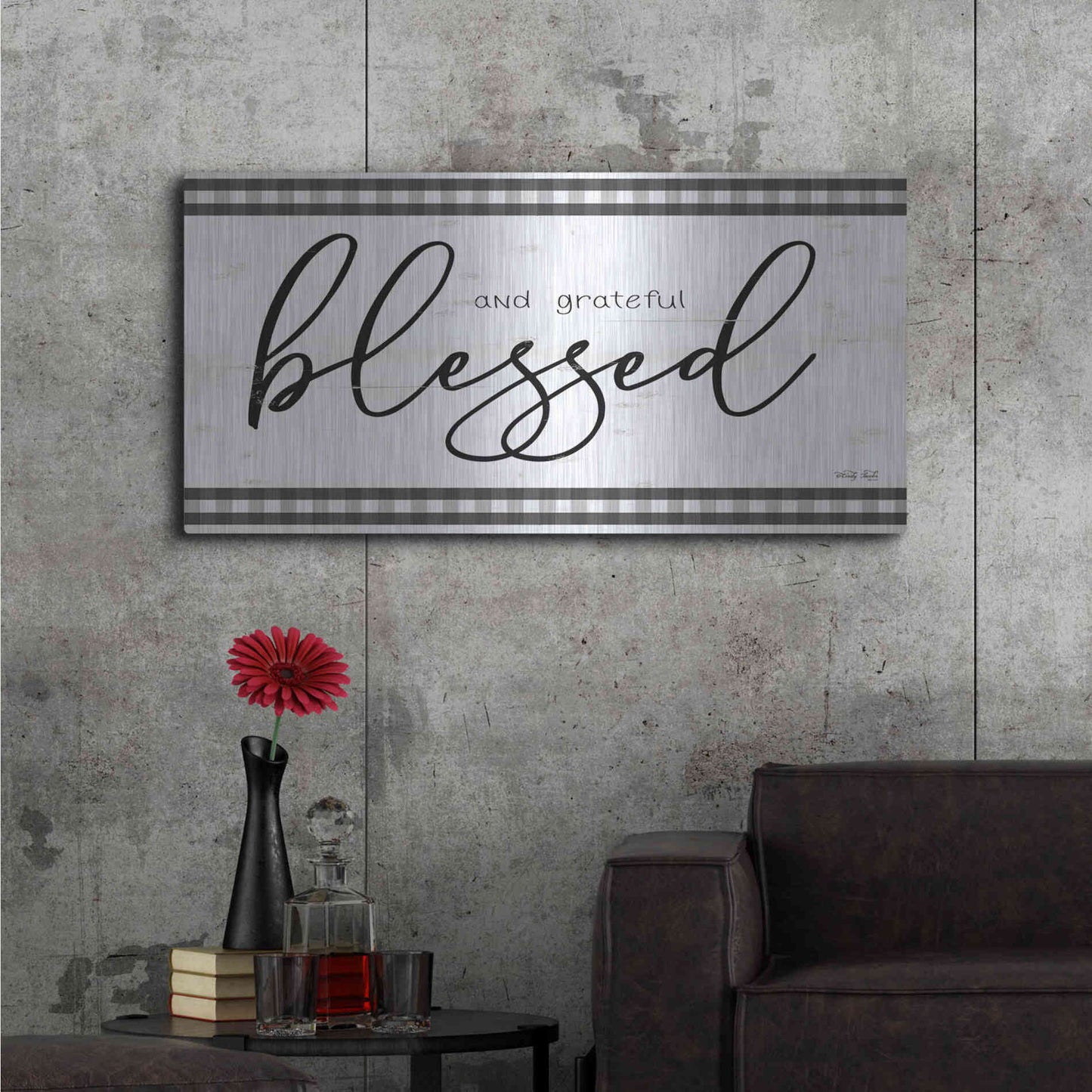 Luxe Metal Art 'Blessed and Grateful Plaid' by Cindy Jacobs, Metal Wall Art,48x24