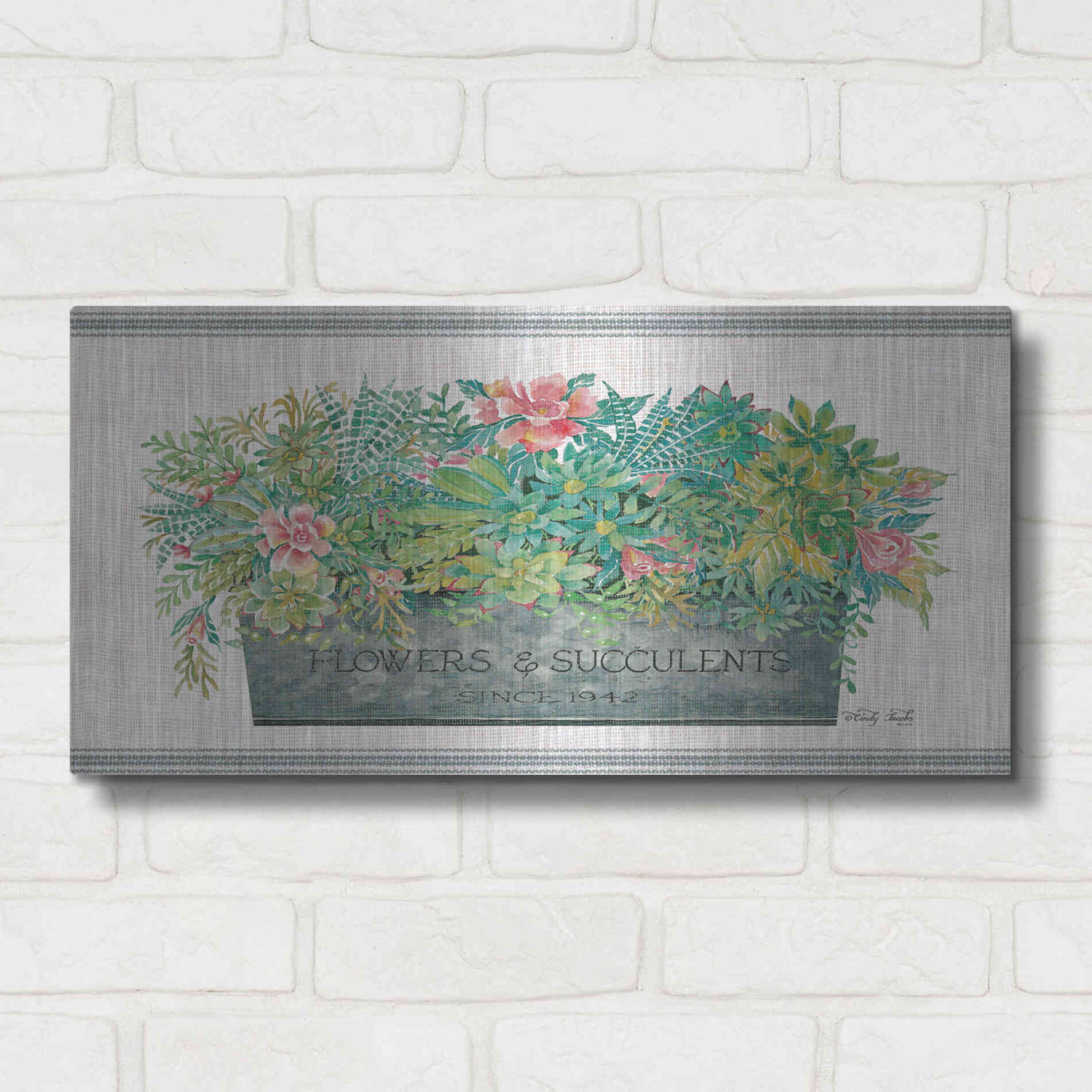 Luxe Metal Art 'Flowers & Succulents' by Cindy Jacobs, Metal Wall Art,24x12