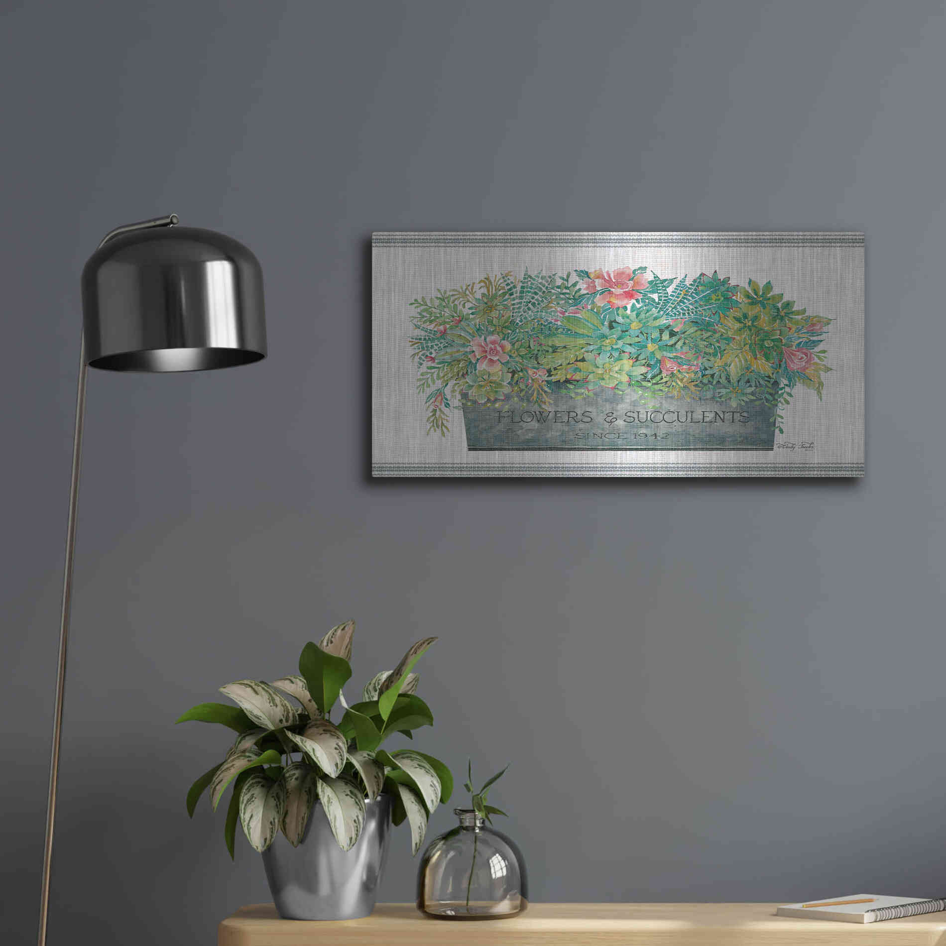 Luxe Metal Art 'Flowers & Succulents' by Cindy Jacobs, Metal Wall Art,24x12