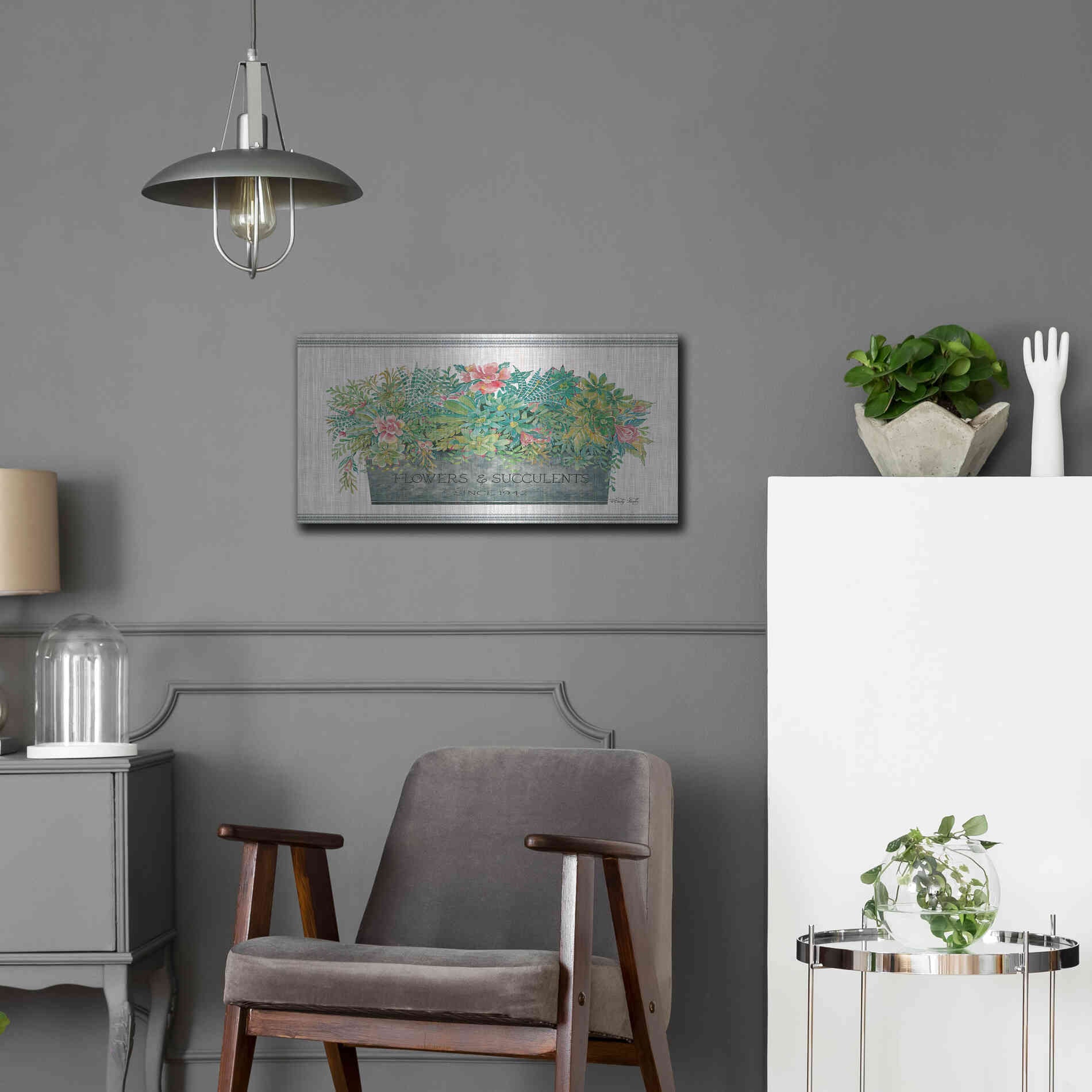 Luxe Metal Art 'Flowers & Succulents' by Cindy Jacobs, Metal Wall Art,24x12