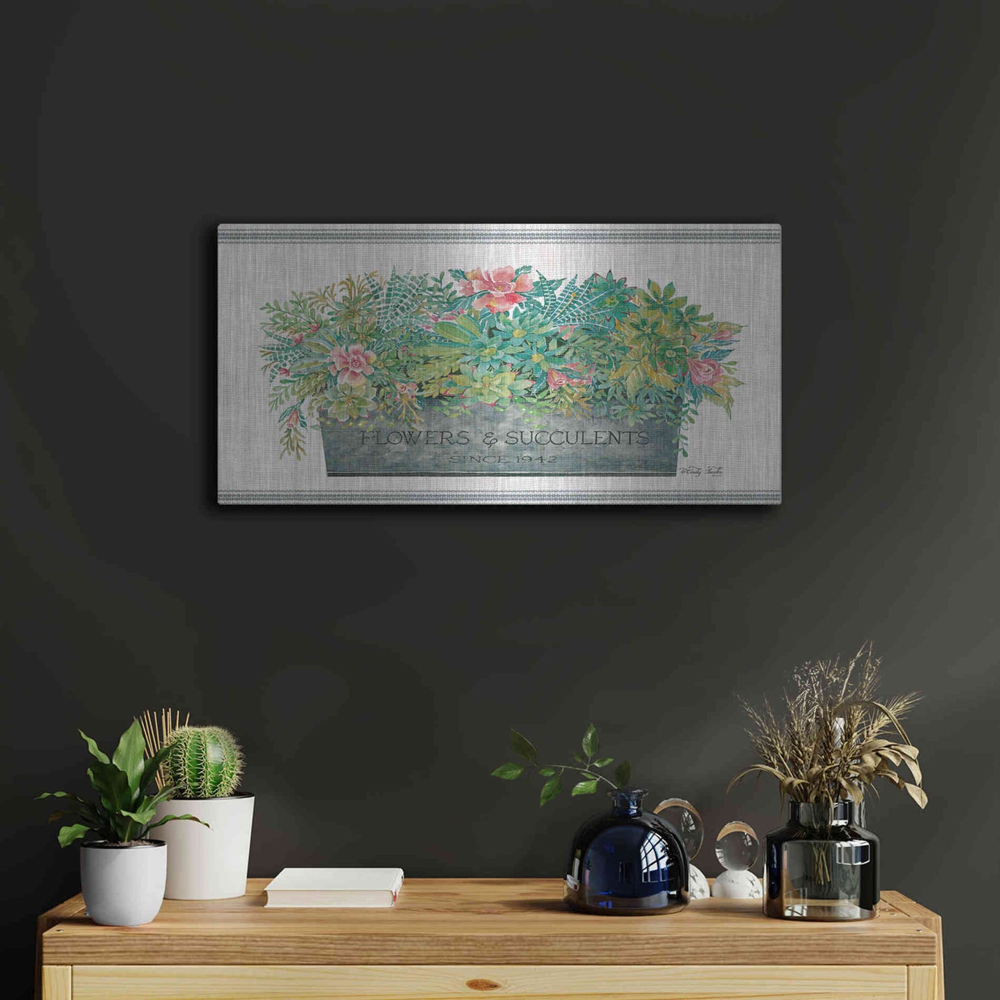 Luxe Metal Art 'Flowers & Succulents' by Cindy Jacobs, Metal Wall Art,24x12