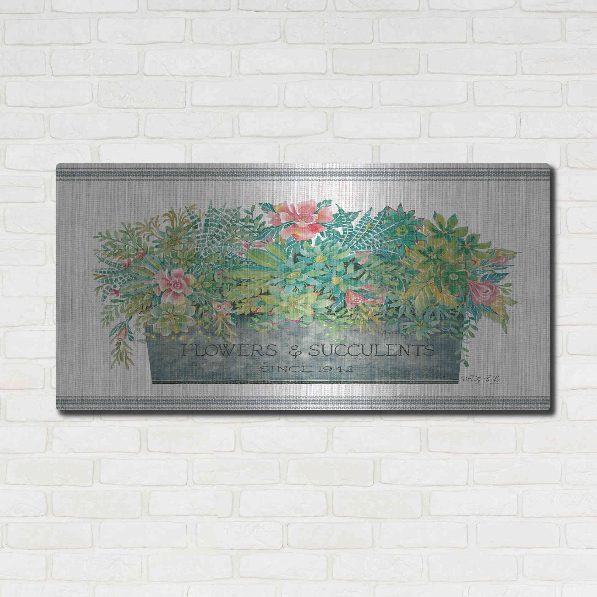 Luxe Metal Art 'Flowers & Succulents' by Cindy Jacobs, Metal Wall Art,48x24