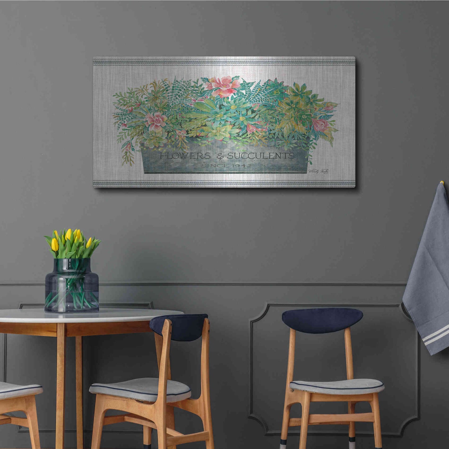 Luxe Metal Art 'Flowers & Succulents' by Cindy Jacobs, Metal Wall Art,48x24