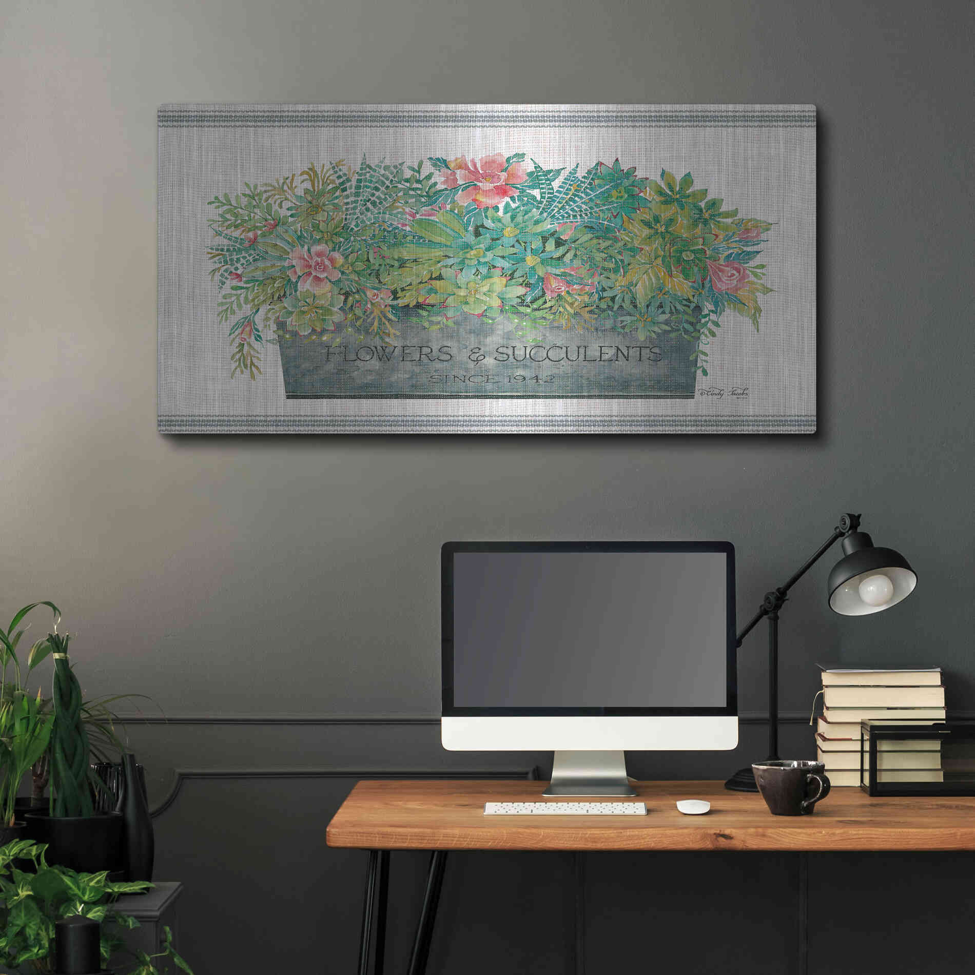 Luxe Metal Art 'Flowers & Succulents' by Cindy Jacobs, Metal Wall Art,48x24